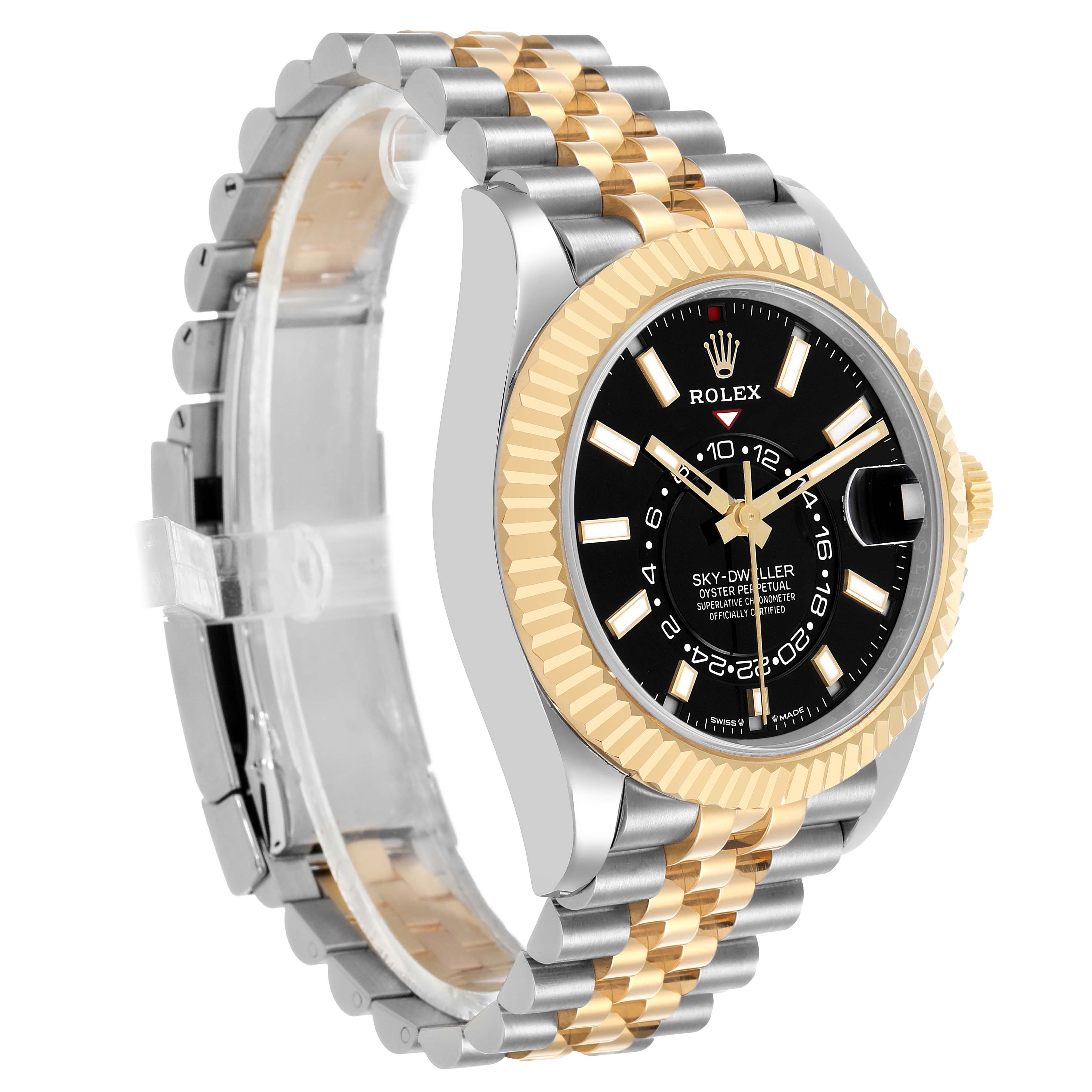 The Rolex Sky-Dweller 336933 Men's Steel and Gold (two tone) Black Dial watch is shown at a three-quarter angle, displaying the dial, bezel, and two-tone bracelet.
