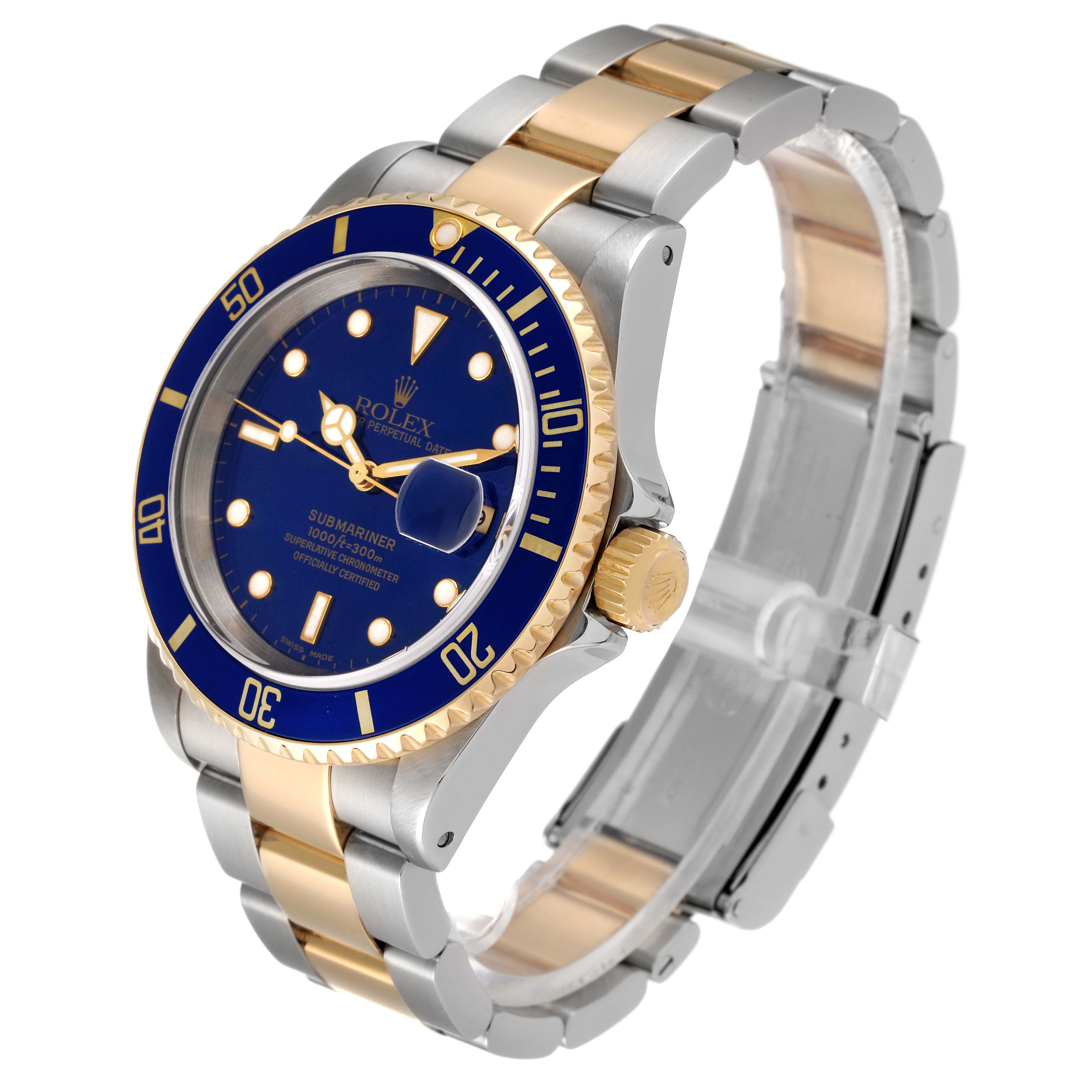 The Rolex Submariner 16613 Men
s Steel and Gold (two tone) Blue Dial 16613 Men
s Steel and Gold (two tone) Blue Dial is shown at a slight angle displaying its blue dial, bezel, two-tone bracelet, and crown.