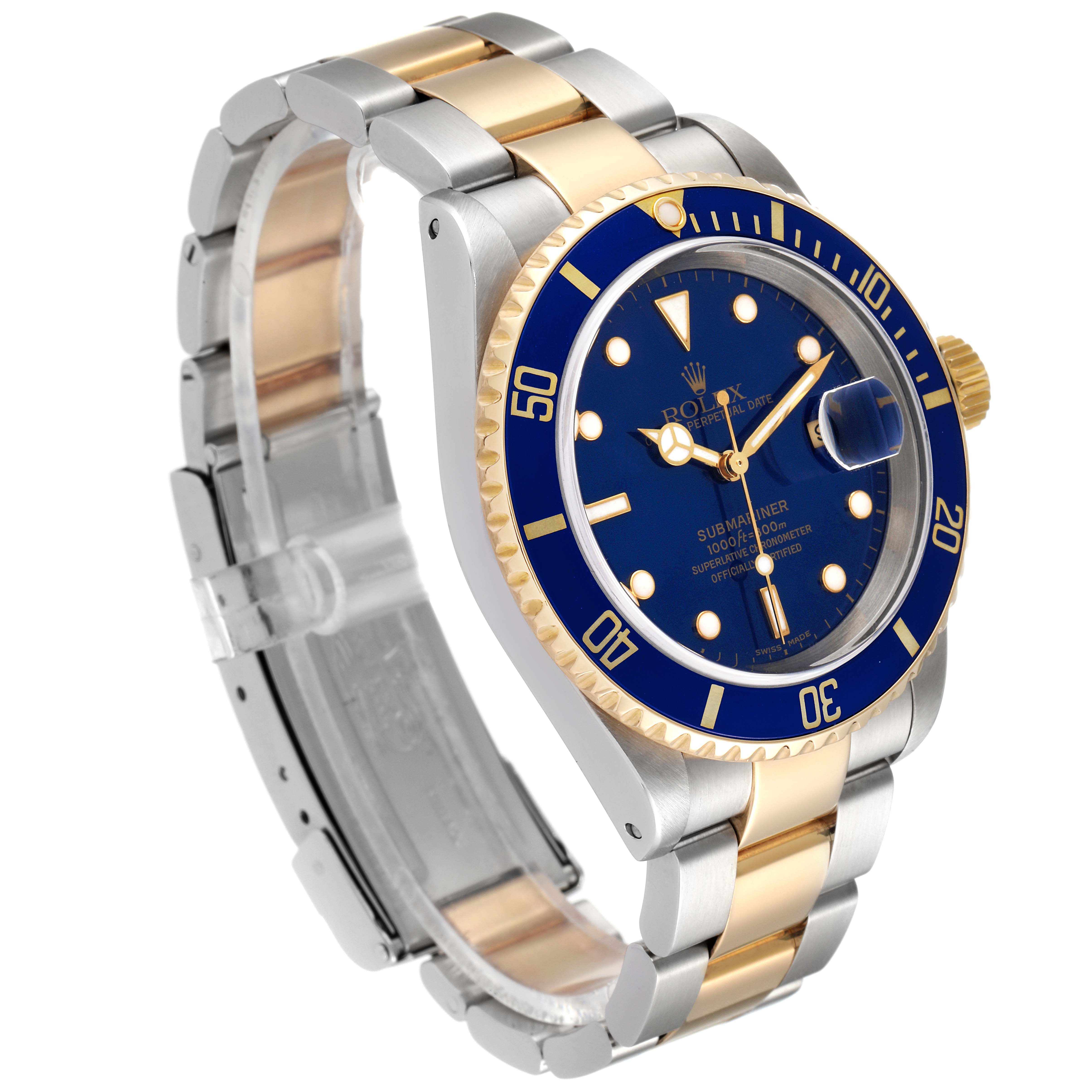 The image shows a Rolex Submariner 16613 Men
s Steel and Gold (two tone) Blue Dial 16613 Men
s Steel and Gold (two tone) Blue Dial watch at a slight angle, highlighting its blue dial, rotating bezel, and two-tone bracelet.