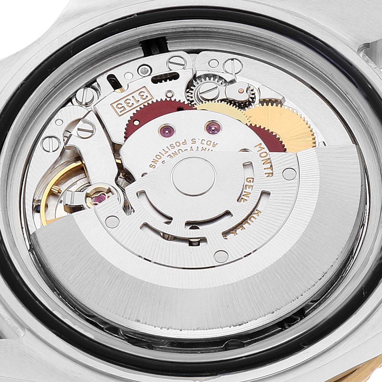 This image shows the internal mechanical movement of a Rolex Submariner 16613 Men
s Steel and Gold (two tone) Blue Dial 16613 Men
s Steel and Gold (two tone) Blue Dial watch from a close-up angle.