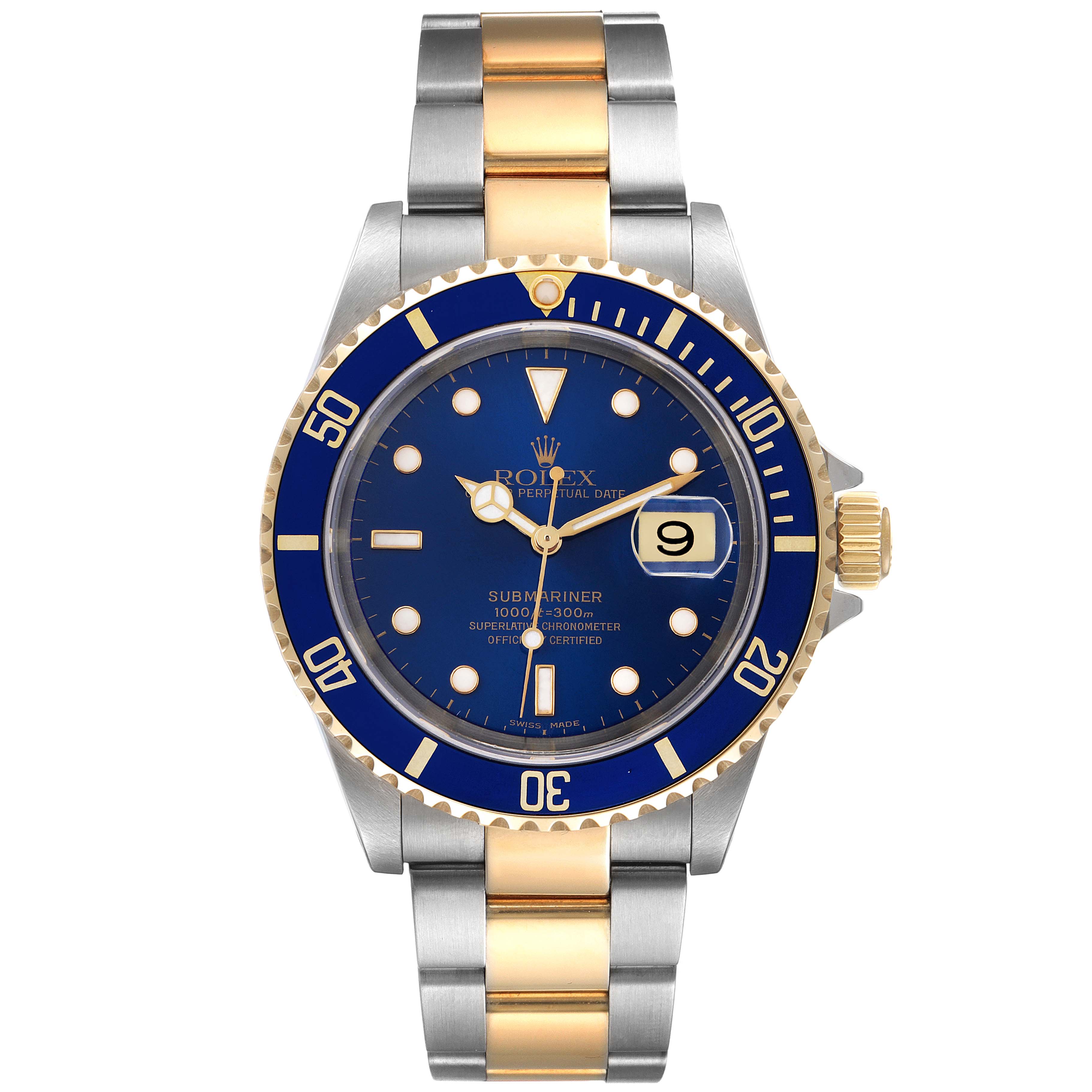 The image shows a front view of a Rolex Submariner 16613 Men
s Steel and Gold (two tone) Blue Dial 16613 Men
s Steel and Gold (two tone) Blue Dial watch with a blue dial and a two-tone bracelet.