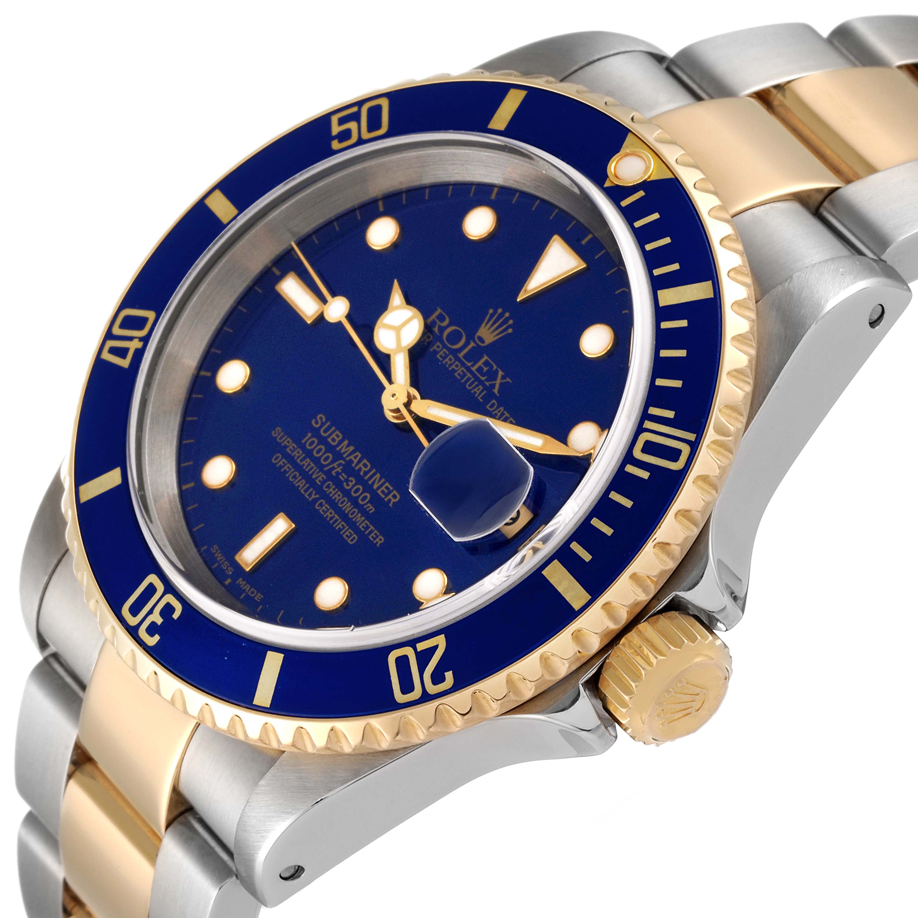 This image shows a close-up angle of a Rolex Submariner 16613 Men
s Steel and Gold (two tone) Blue Dial 16613 Men
s Steel and Gold (two tone) Blue Dial watch, highlighting its blue dial, bezel, and two-tone metal strap.