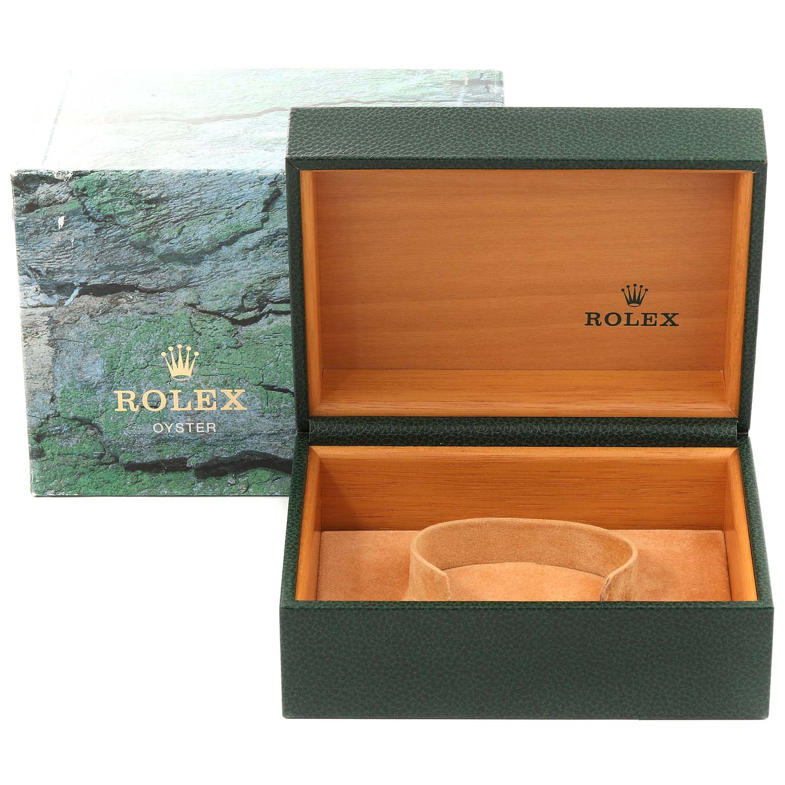 This image shows an open Rolex Submariner 16613 Men
s Steel and Gold (two tone) Blue Dial 16613 Men
s Steel and Gold (two tone) Blue Dial watch box and packaging from a front angle.