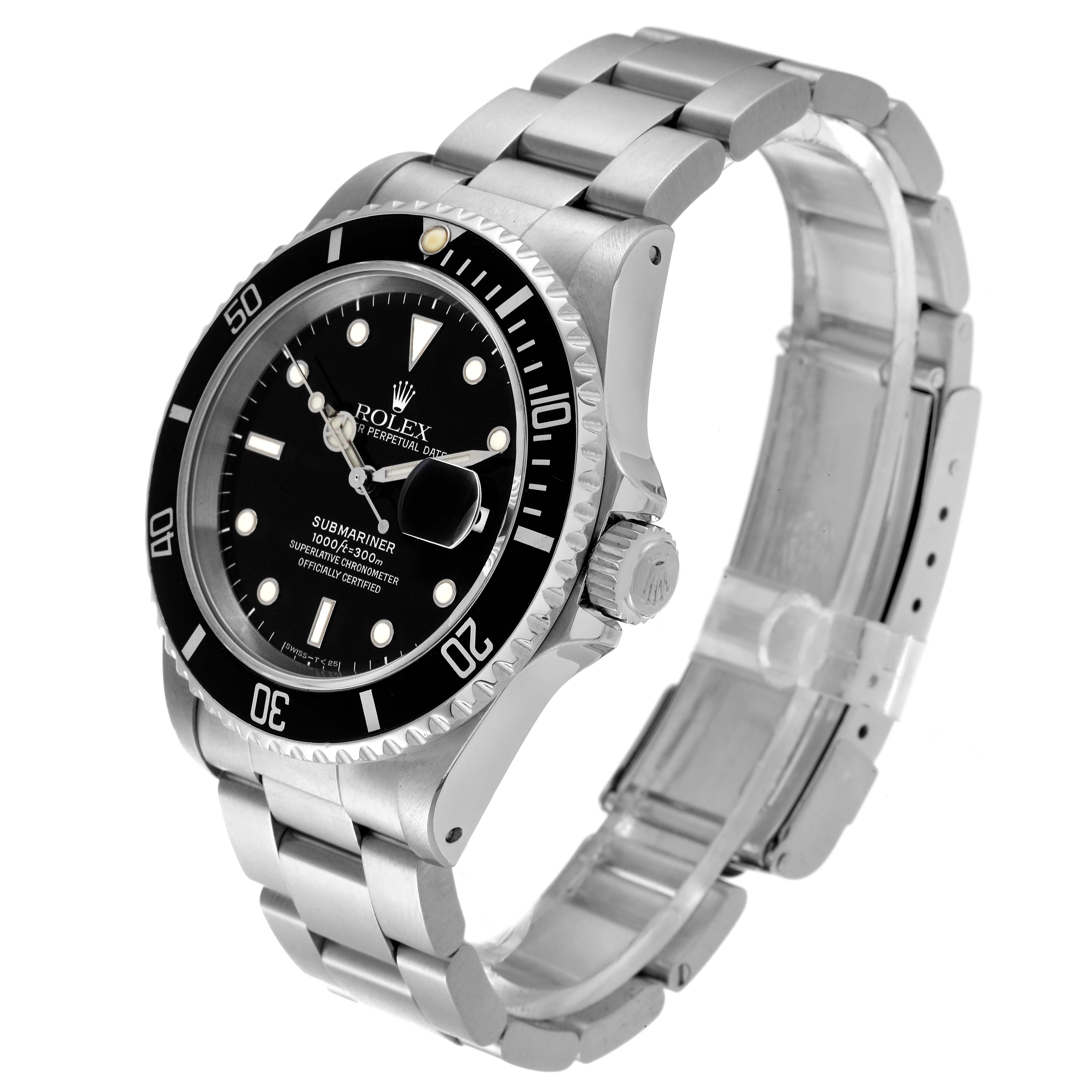 The image shows a Rolex Submariner 16610 Men
s Stainless Steel Black Dial 16610 Men
s Stainless Steel Black Dial watch from a three-quarter angle, highlighting the dial, bezel, case, and bracelet.