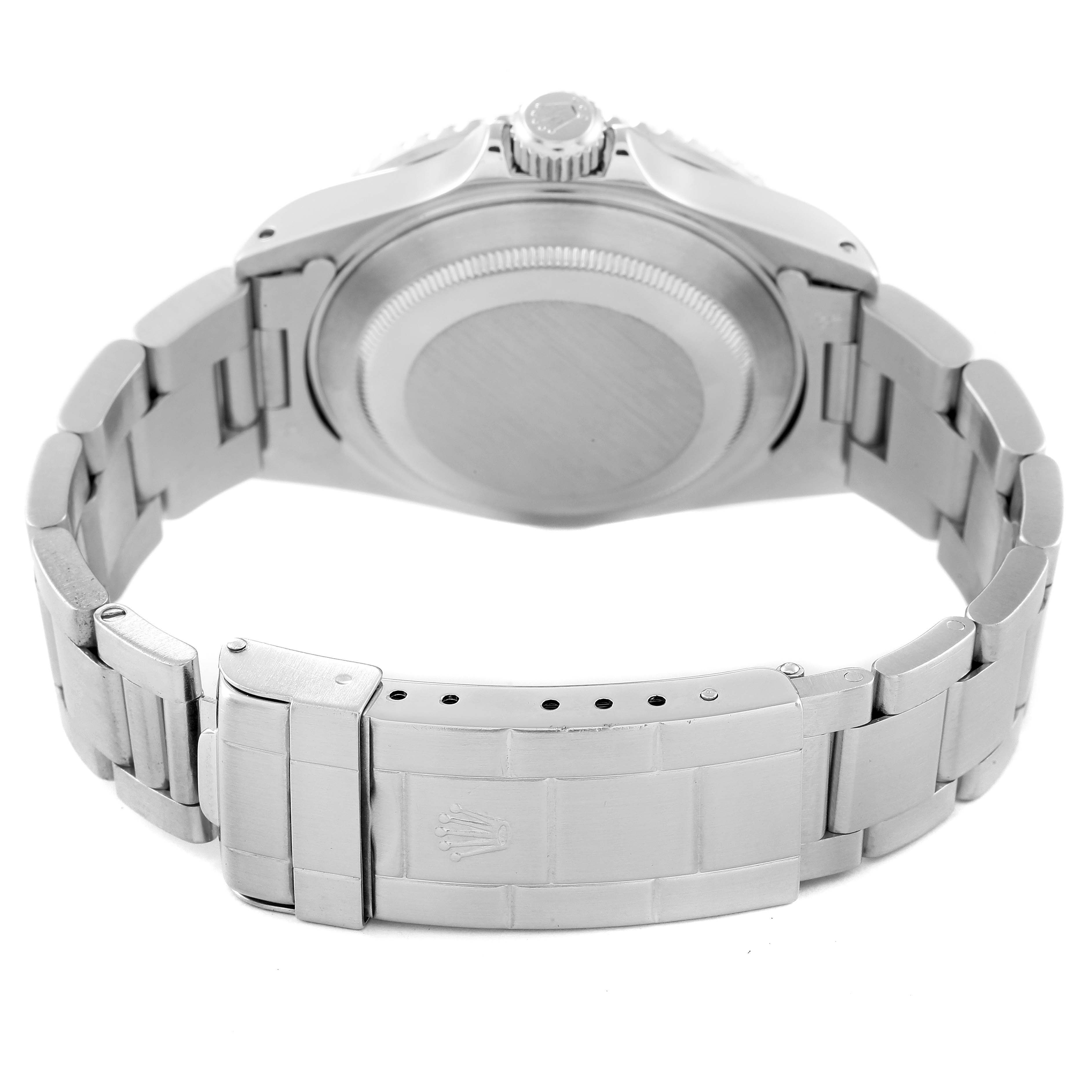 This image shows the back and clasp of a Rolex Submariner 16610 Men
s Stainless Steel Black Dial 16610 Men
s Stainless Steel Black Dial watch from a rear angle.