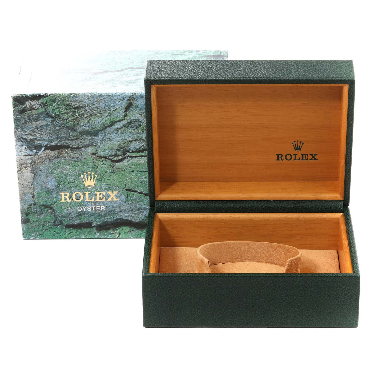The image shows an open Rolex Submariner 16610 Men
s Stainless Steel Black Dial 16610 Men
s Stainless Steel Black Dial watch box with a green exterior and a wooden interior, alongside its outer packaging.