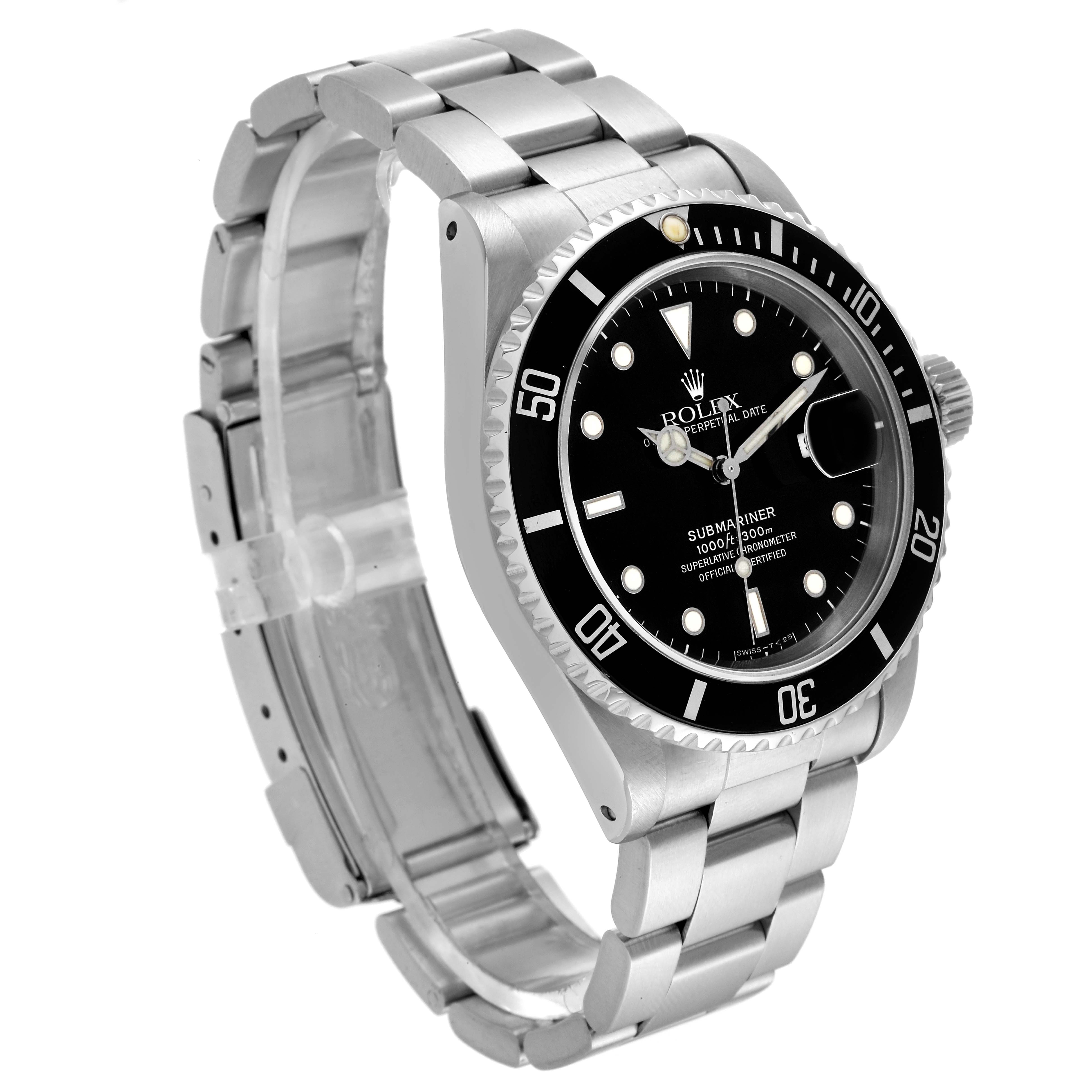 The image shows a Rolex Submariner 16610 Men
s Stainless Steel Black Dial 16610 Men
s Stainless Steel Black Dial watch at a three-quarter angle, highlighting the face, bezel, crown, and metal bracelet.