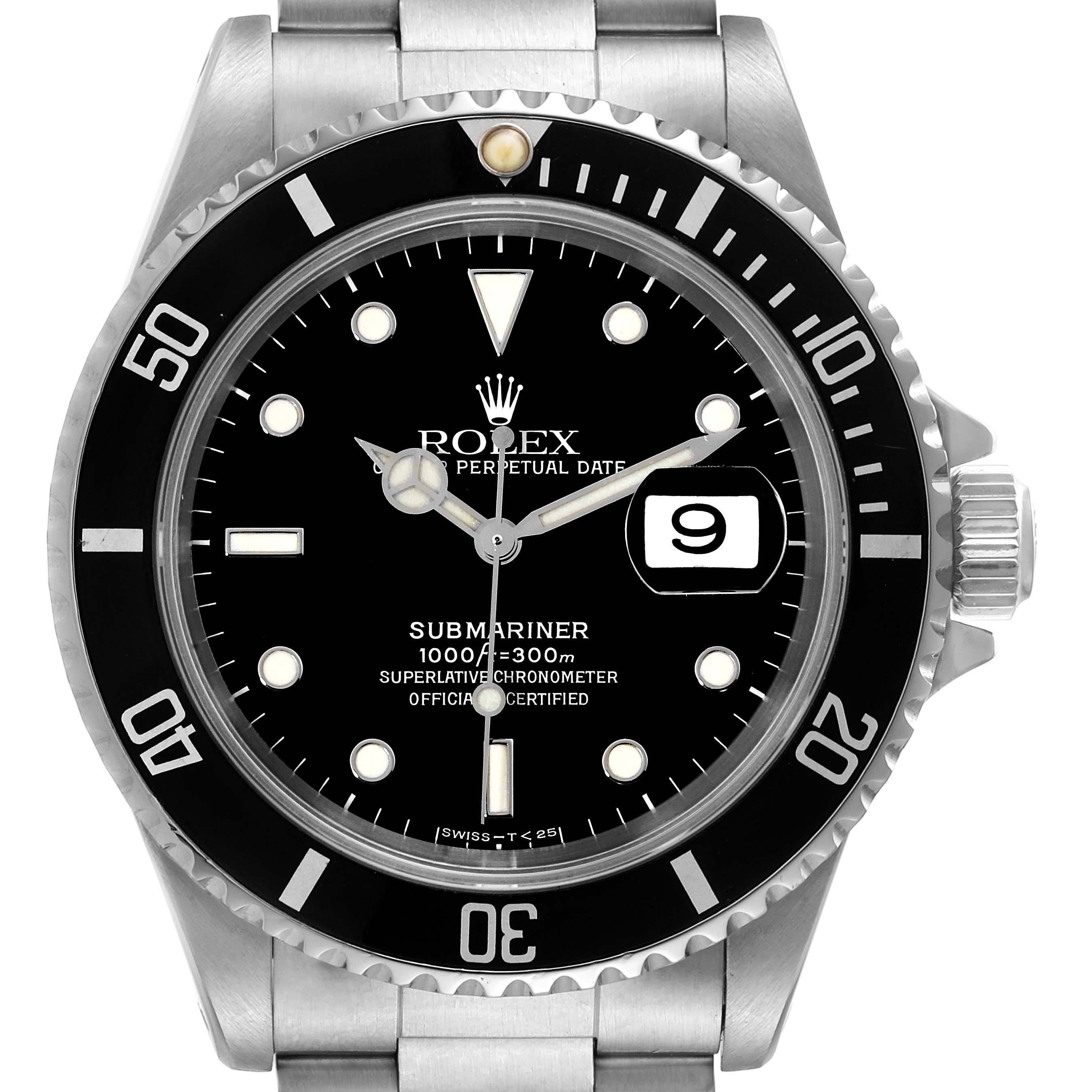 The image shows a frontal view of a Rolex Submariner 16610 Men
s Stainless Steel Black Dial 16610 Men
s Stainless Steel Black Dial watch, highlighting its bezel, dial, hands, and bracelet.