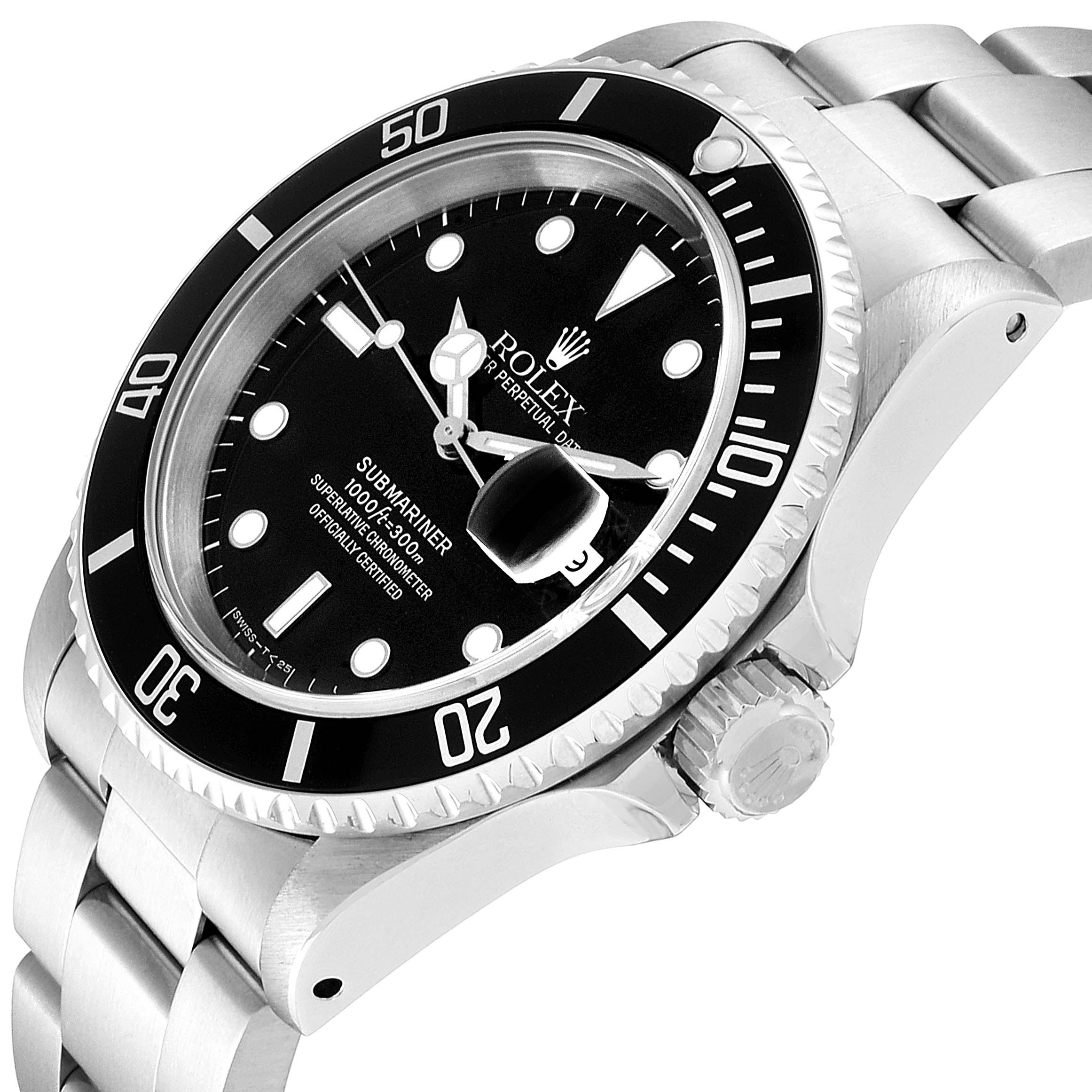 The Rolex Submariner 16610 Men
s Stainless Steel Black Dial 16610 Men
s Stainless Steel Black Dial watch is shown at an angle highlighting the face, bezel, crown, and part of the bracelet.