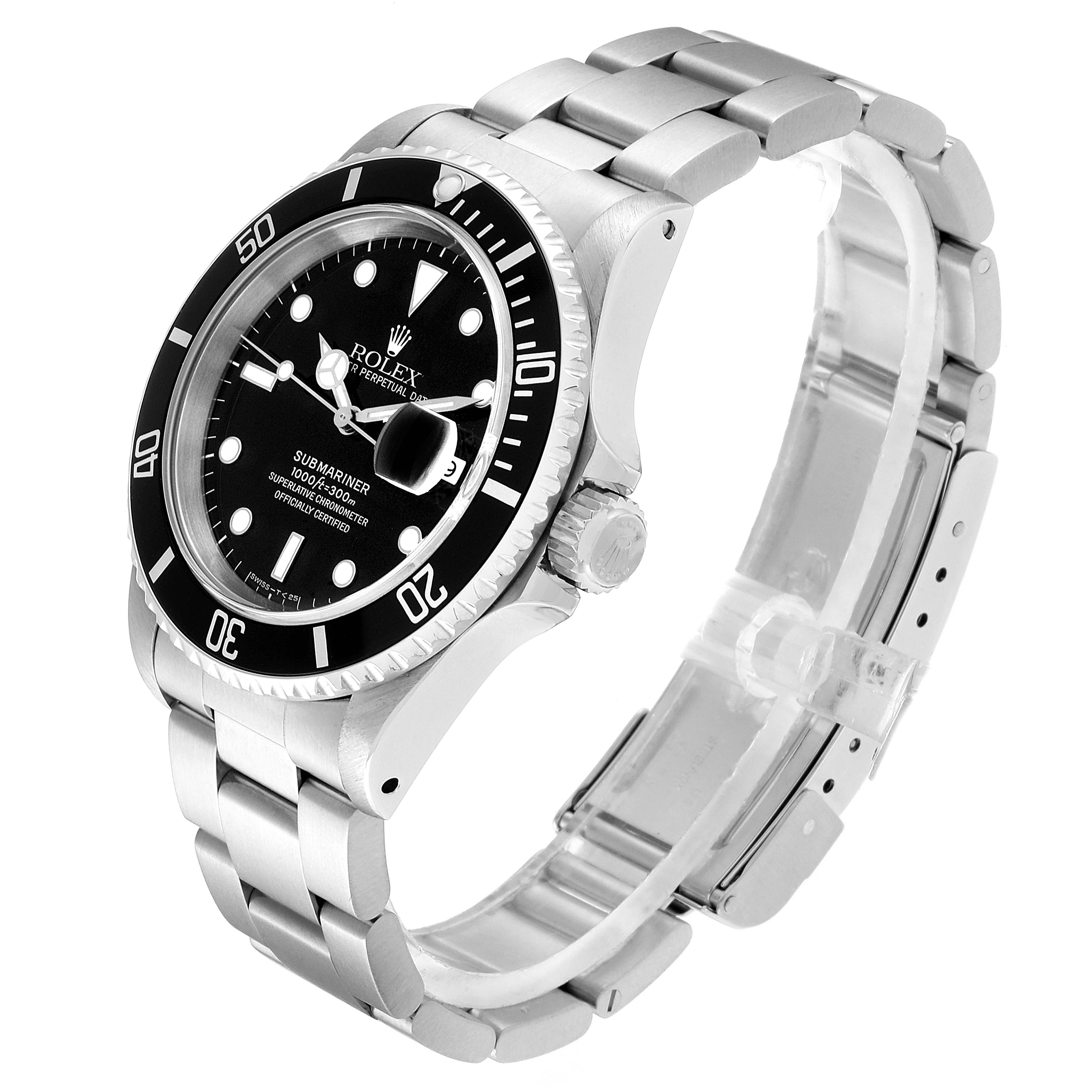 The image shows a Rolex Submariner 16610 Men
s Stainless Steel Black Dial 16610 Men
s Stainless Steel Black Dial watch from an oblique angle, highlighting the face, bezel, crown, and steel bracelet.