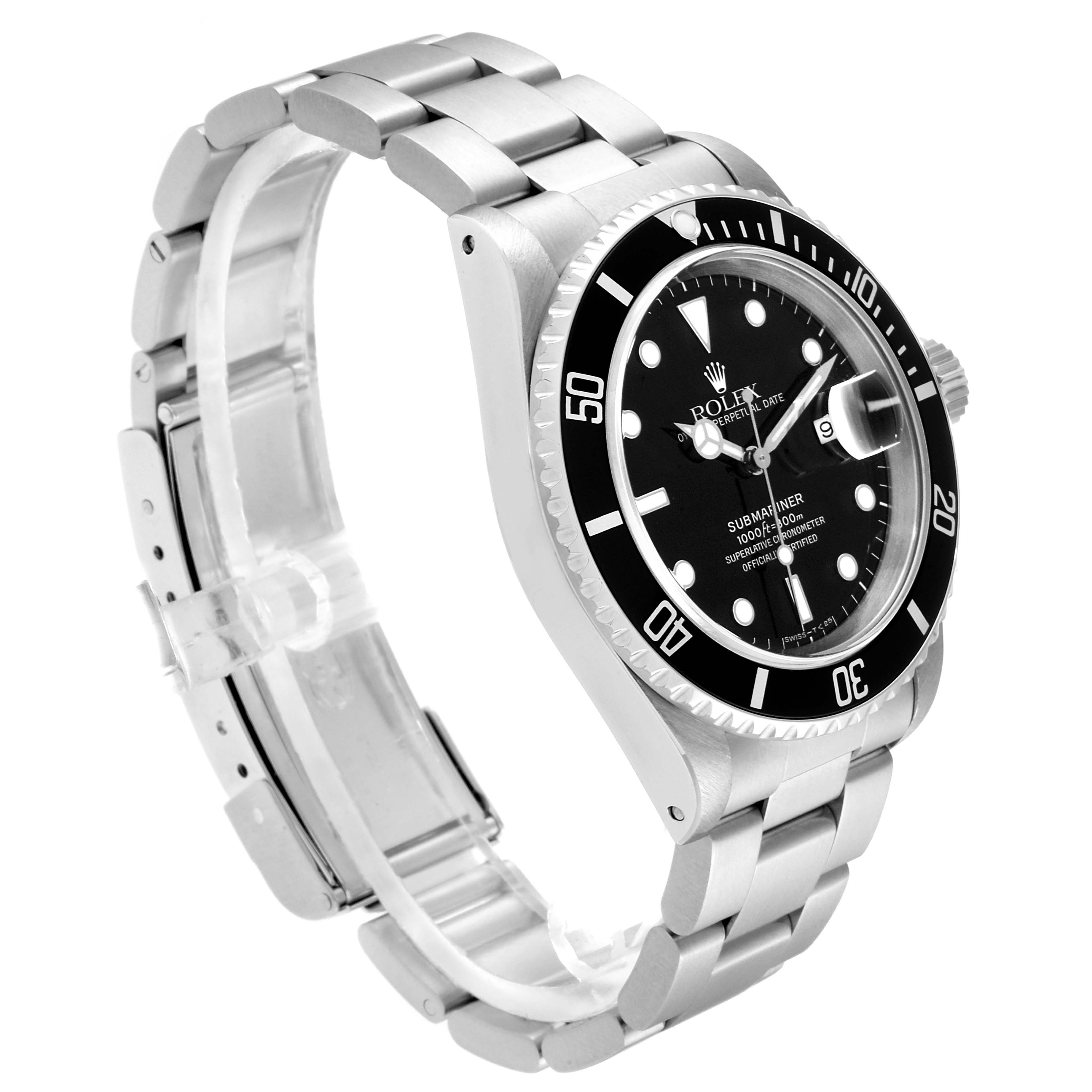 The image shows a side-angled view of a Rolex Submariner 16610 Men
s Stainless Steel Black Dial 16610 Men
s Stainless Steel Black Dial watch, displaying its bracelet, case, bezel, and dial.