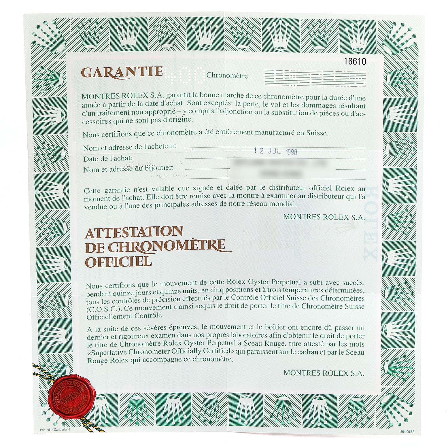 The image shows a Garantie certificate and Attestation de Chronomètre Officiel for the Rolex Submariner 16610 Men
s Stainless Steel Black Dial 16610 Men
s Stainless Steel Black Dial model. 