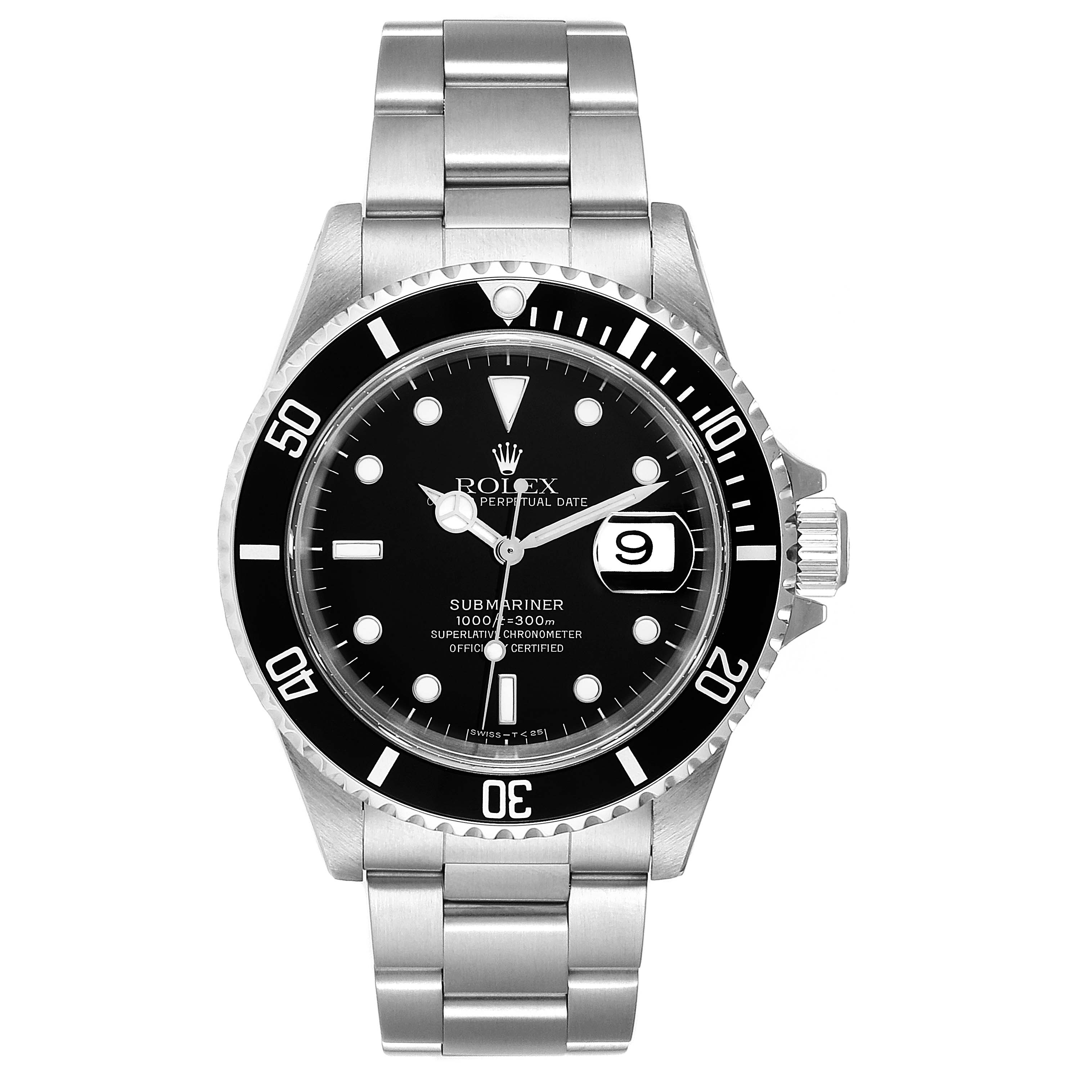 The image shows a frontal view of a Rolex Submariner 16610 Men
s Stainless Steel Black Dial 16610 Men
s Stainless Steel Black Dial watch, highlighting the dial, bezel, bracelet, and date window.