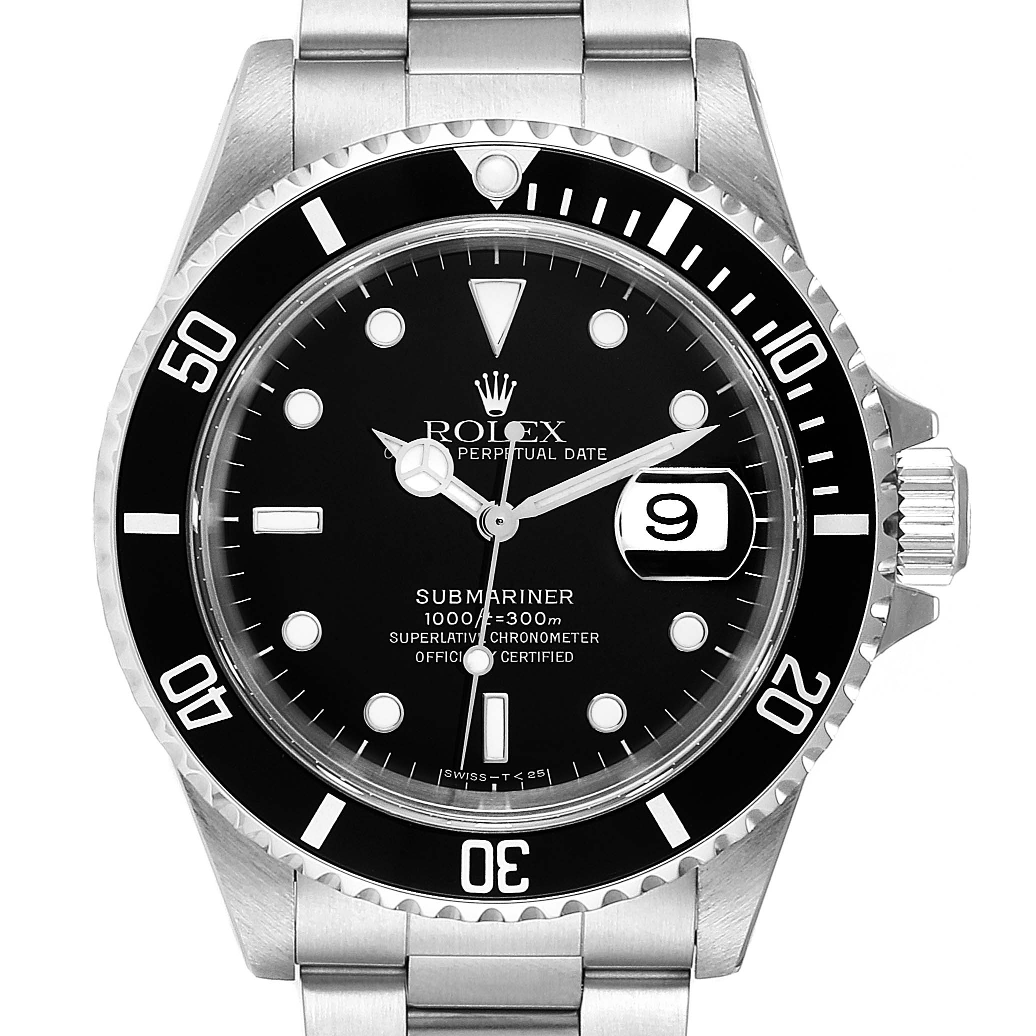 The image shows a frontal view of the Rolex Submariner 16610 Men
s Stainless Steel Black Dial 16610 Men
s Stainless Steel Black Dial watch, highlighting the dial, bezel, date window, and part of the bracelet.