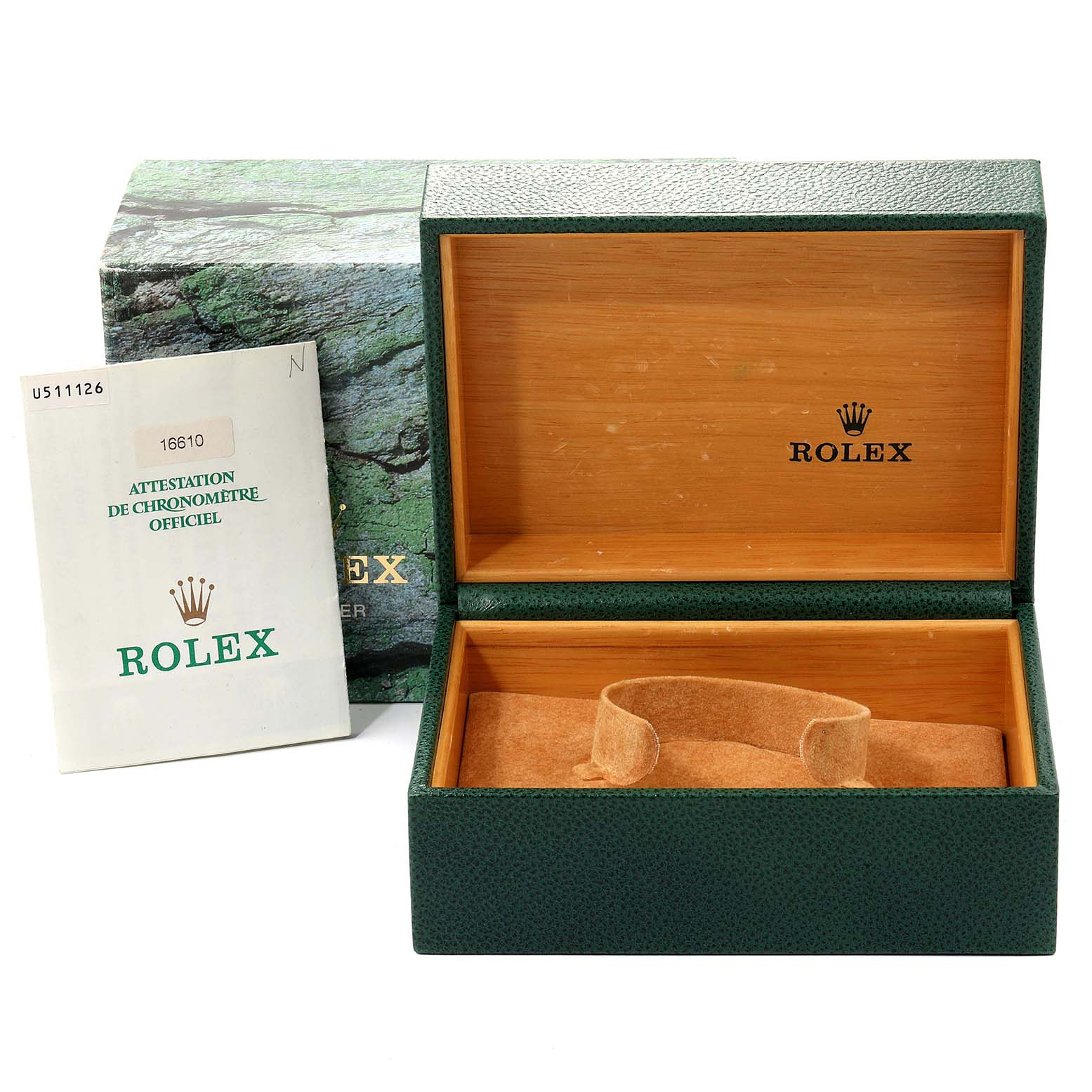 The image shows an open Rolex Submariner 16610 Men
s Stainless Steel Black Dial 16610 Men
s Stainless Steel Black Dial watch box with its interior and a certification booklet on the side.