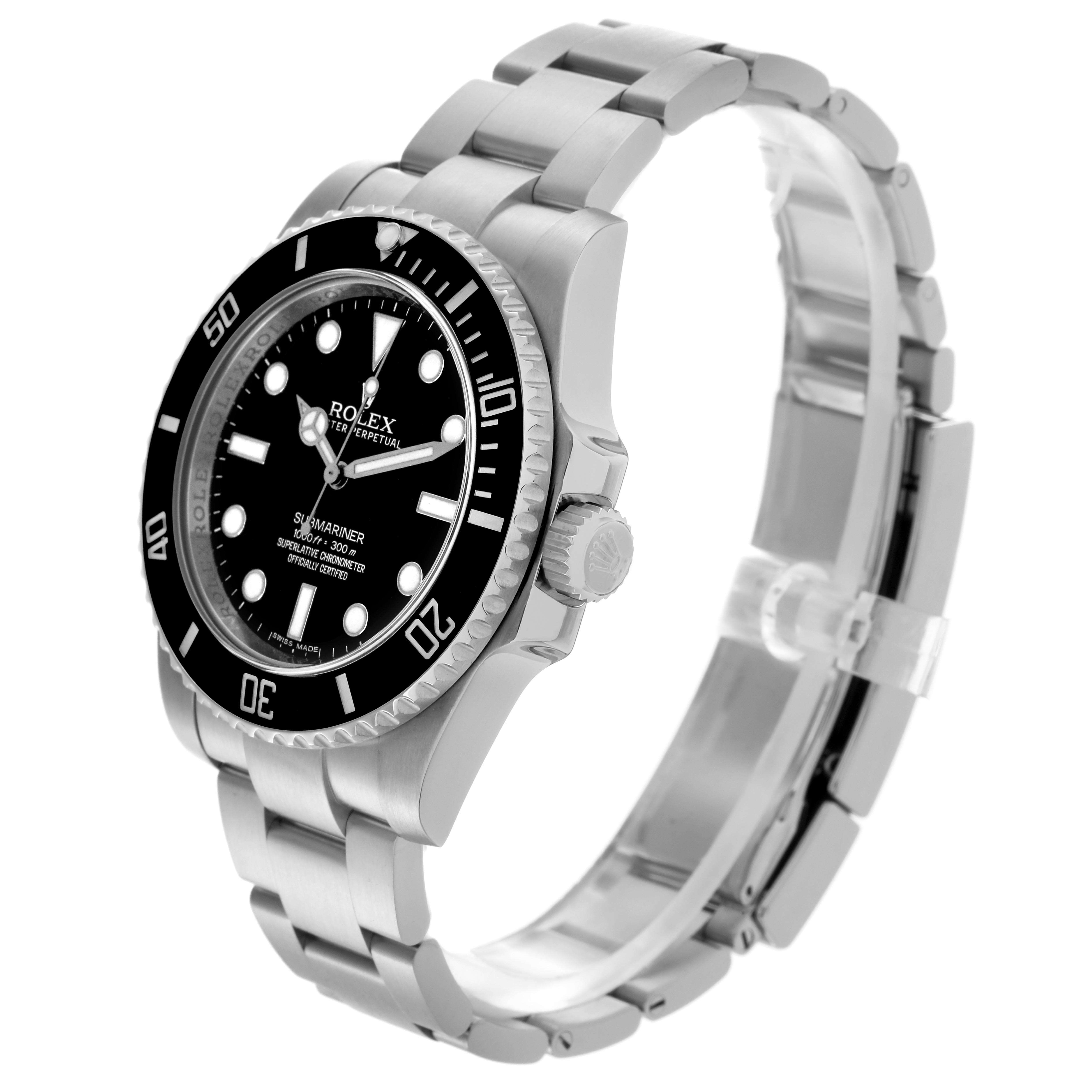 The Rolex Submariner 114060 Men's Stainless Steel Black Dial 114060 Men's Stainless Steel Black Dial watch is shown at a side angle, displaying the case, bezel, crown, and bracelet.