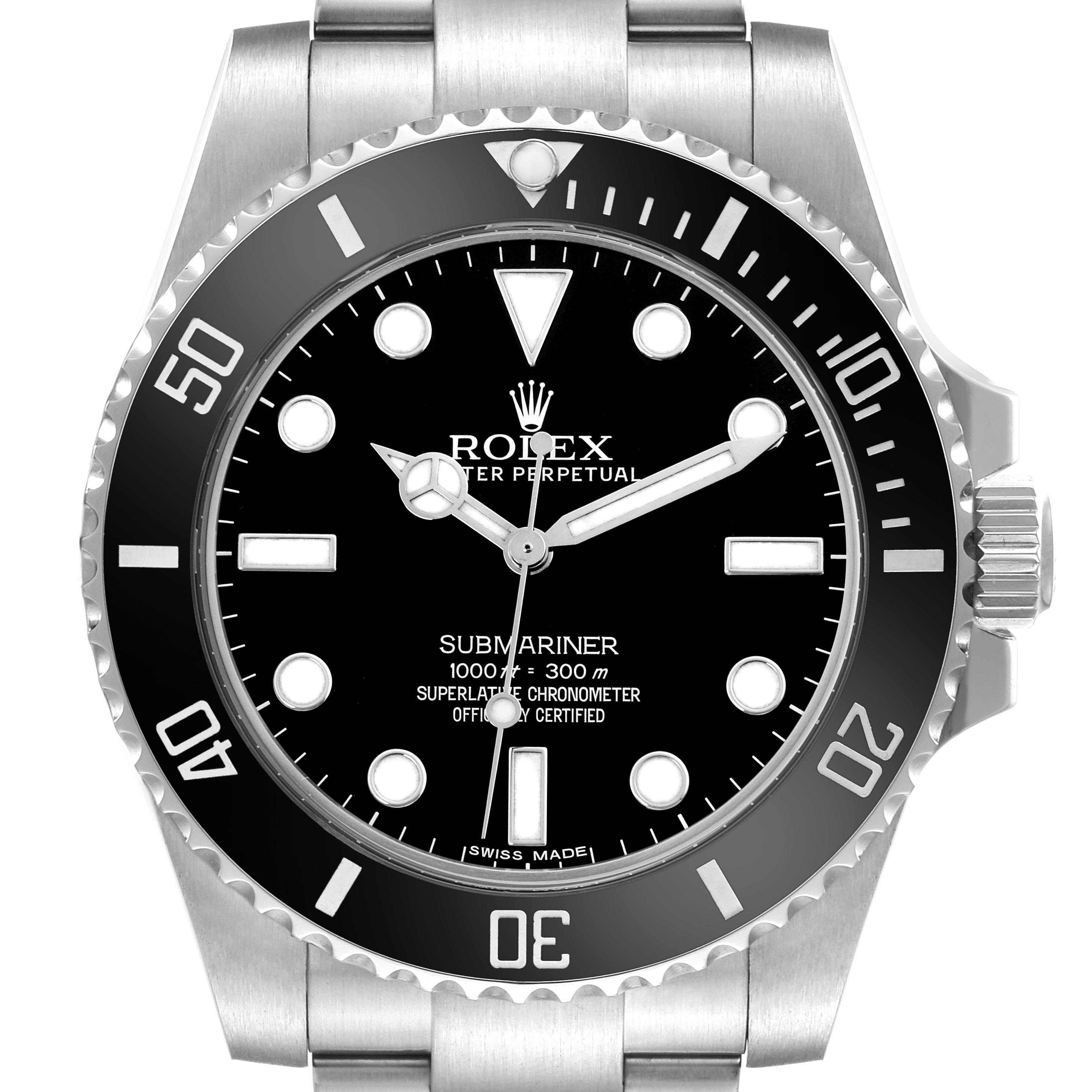 The Rolex Submariner 114060 Men's Stainless Steel Black Dial 114060 Men's Stainless Steel Black Dial watch is shown from the front, displaying the dial, bezel, and part of the bracelet.