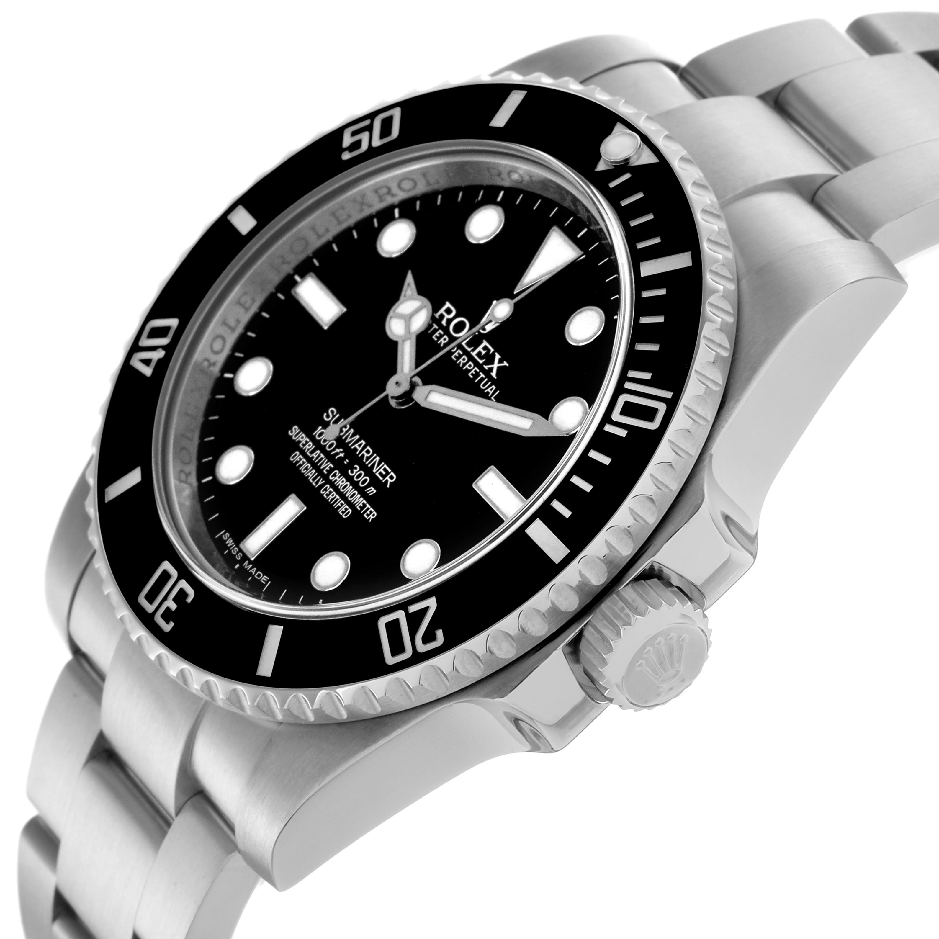 The image shows a side angle of the Rolex Submariner 114060 Men's Stainless Steel Black Dial 114060 Men's Stainless Steel Black Dial, highlighting the bezel, crown, and bracelet.