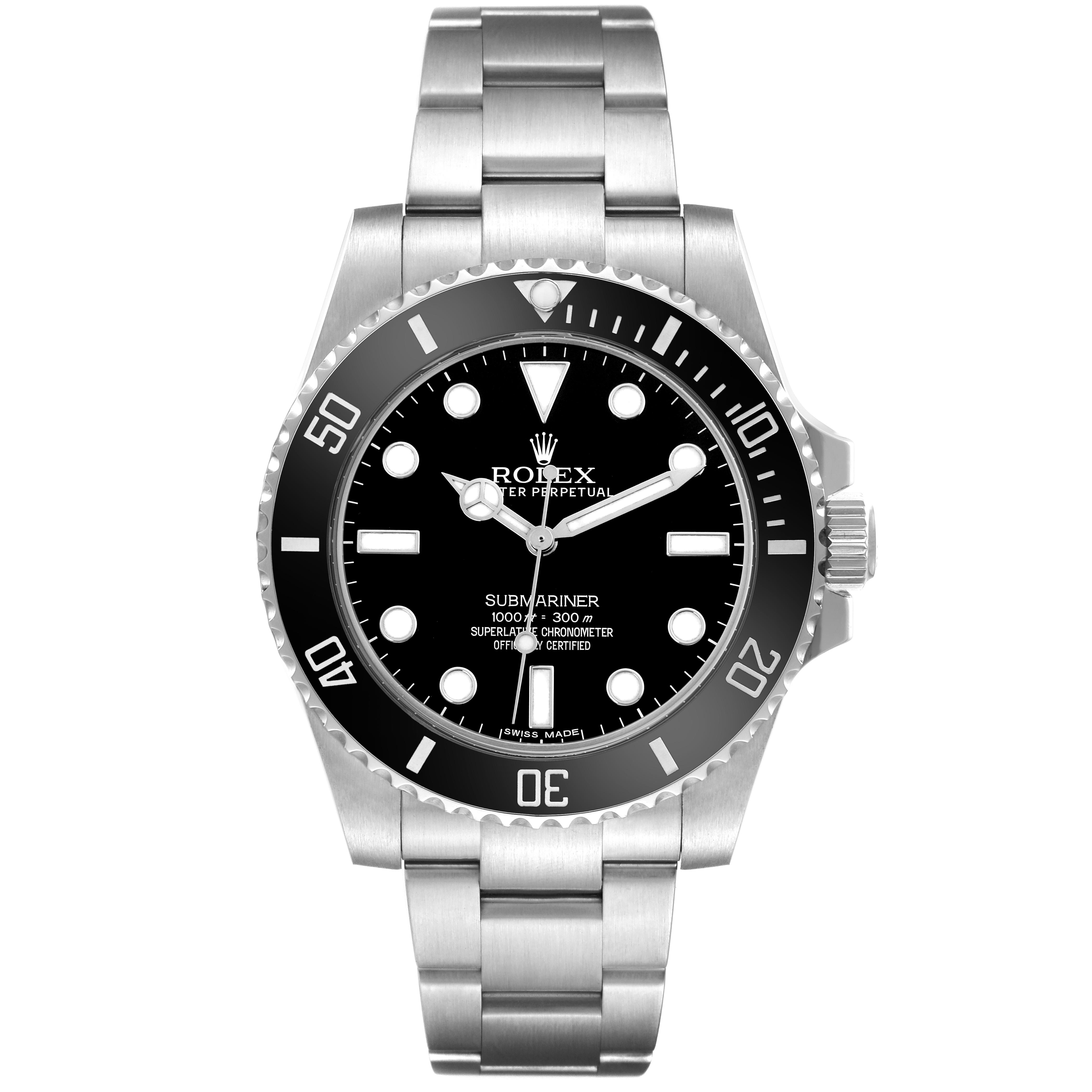 The Rolex Submariner 114060 Men's Stainless Steel Black Dial 114060 Men's Stainless Steel Black Dial is shown from the front, displaying its dial, bezel, and bracelet.