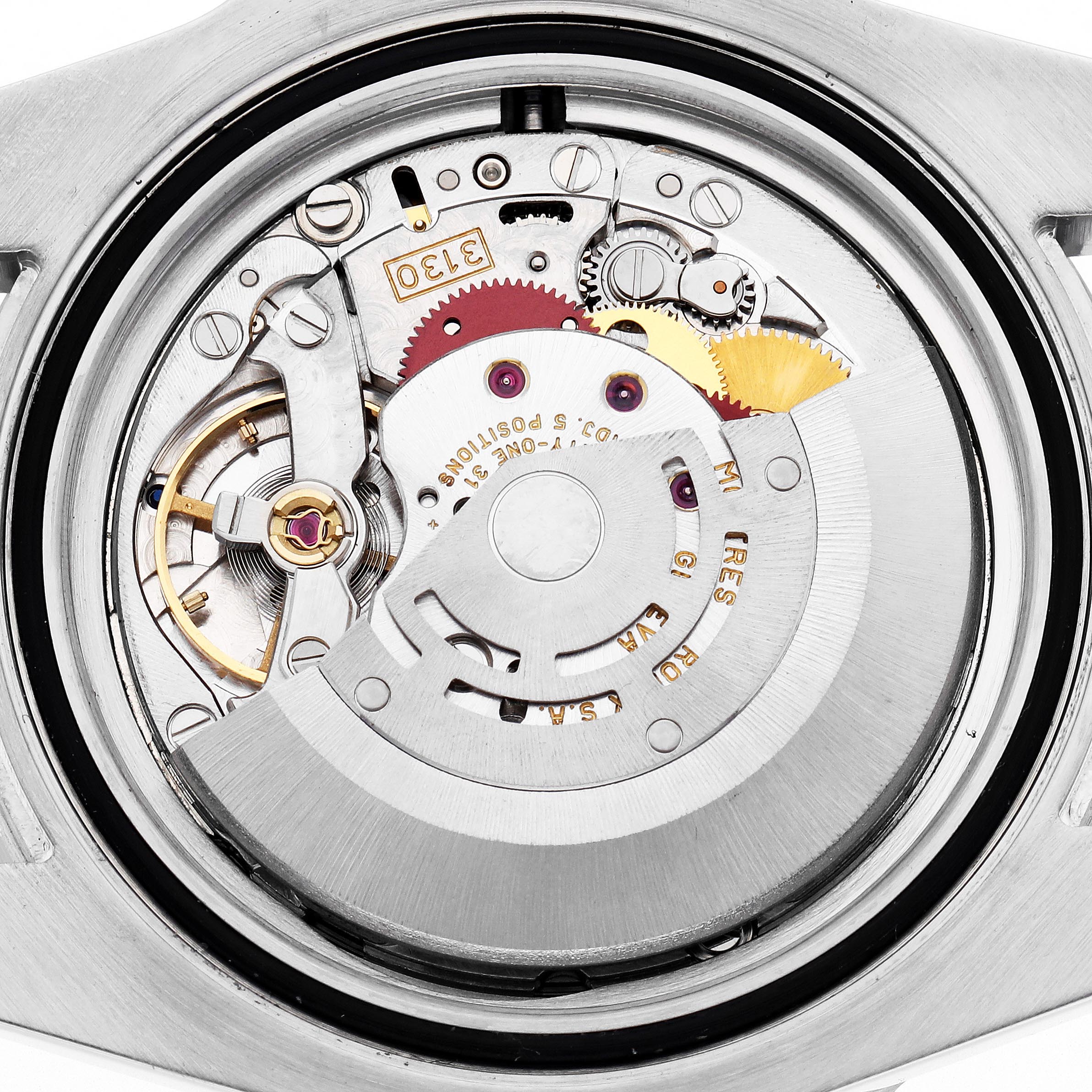 The image shows the Rolex Submariner 114060 Men's Stainless Steel Black Dial 114060 Men's Stainless Steel Black Dial's movement from a back angle, highlighting its mechanical components.