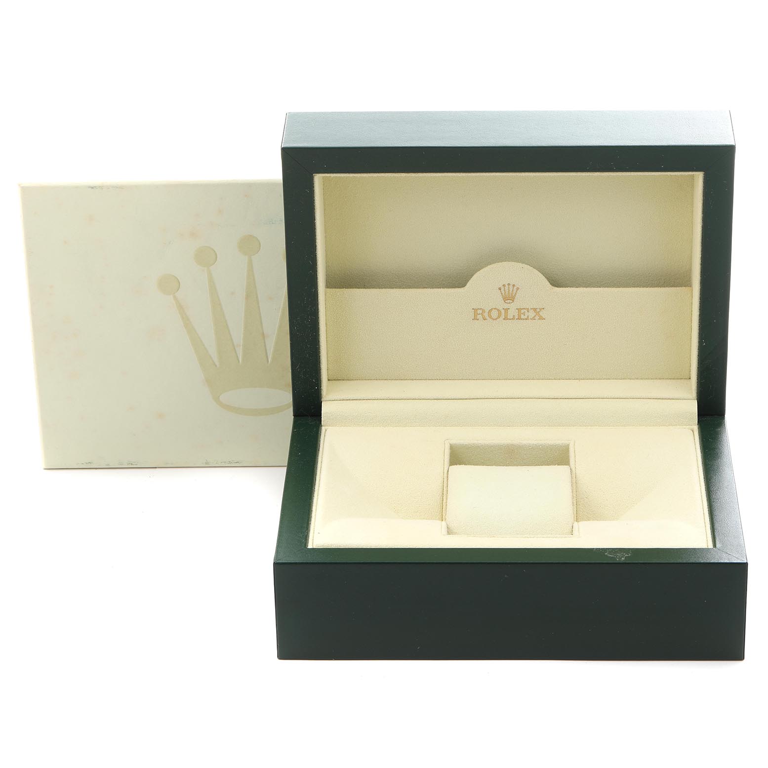 The image shows an open Rolex box for the Submariner model, displaying its interior designed to hold the watch.