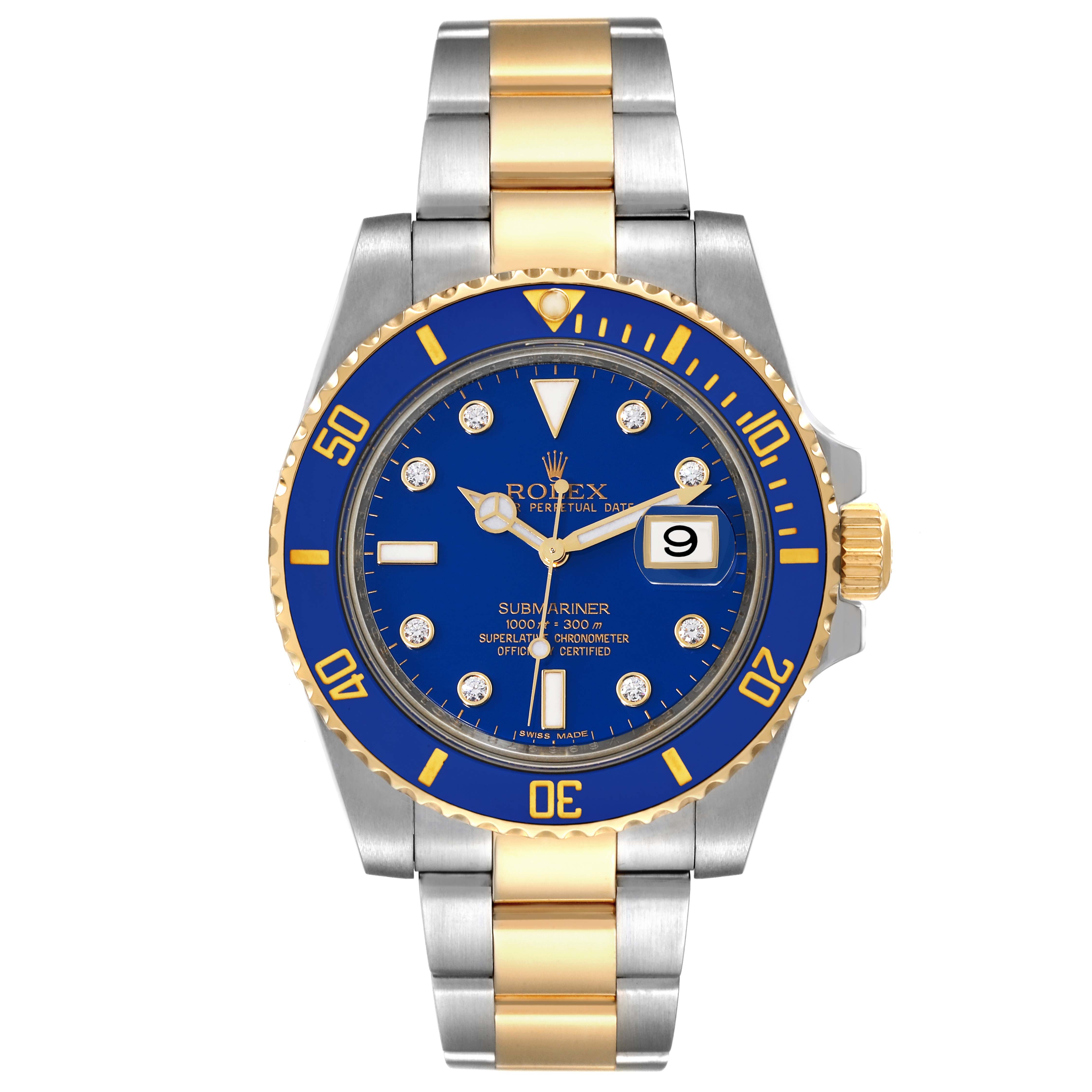 This image shows a Rolex Submariner 116613 Men's Steel and Gold (two tone) Blue Dial 116613 Men's Steel and Gold (two tone) Blue Dial watch from a front angle, displaying the dial, bezel, and bracelet.