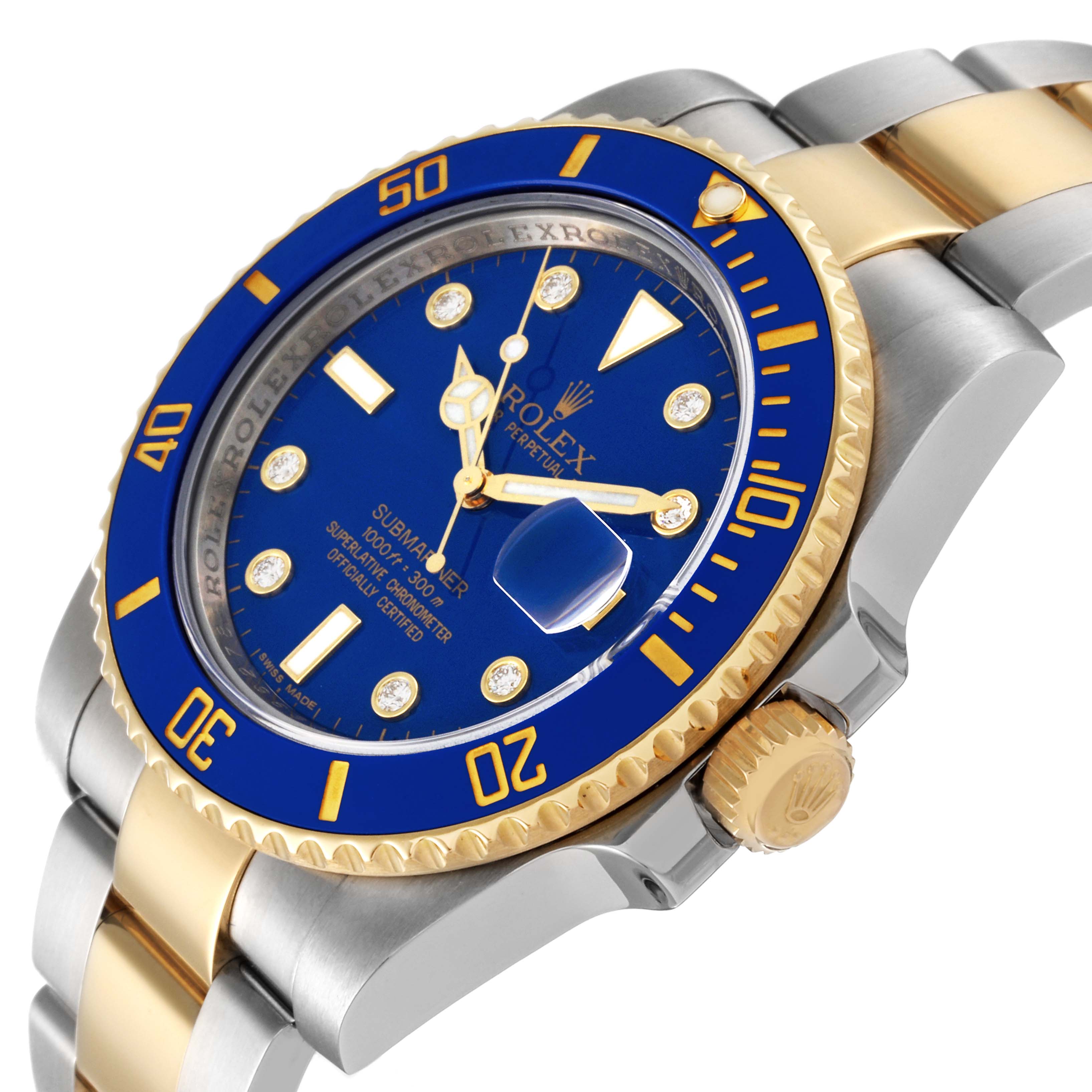 The image shows a close-up angle of a Rolex Submariner 116613 Men's Steel and Gold (two tone) Blue Dial 116613 Men's Steel and Gold (two tone) Blue Dial watch, highlighting the blue dial, bezel, crown, and two-tone bracelet.