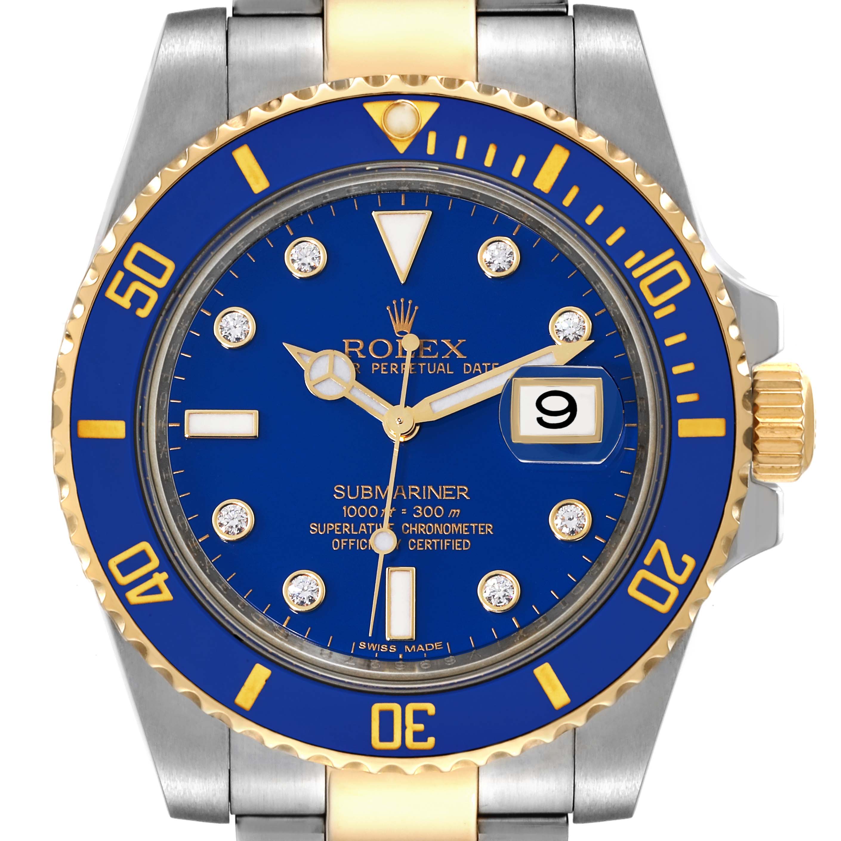 The image shows a front view of the Rolex Submariner 116613 Men's Steel and Gold (two tone) Blue Dial 116613 Men's Steel and Gold (two tone) Blue Dial watch, highlighting its blue dial and bezel, date window, and two-tone bracelet.