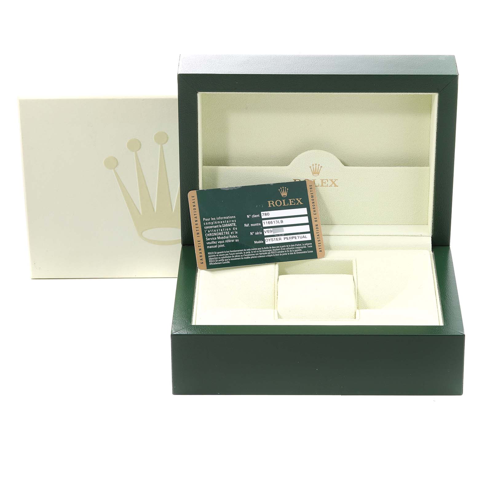 The image shows a green and cream Rolex Submariner 116613 Men's Steel and Gold (two tone) Blue Dial 116613 Men's Steel and Gold (two tone) Blue Dial watch box, along with its authenticity card.