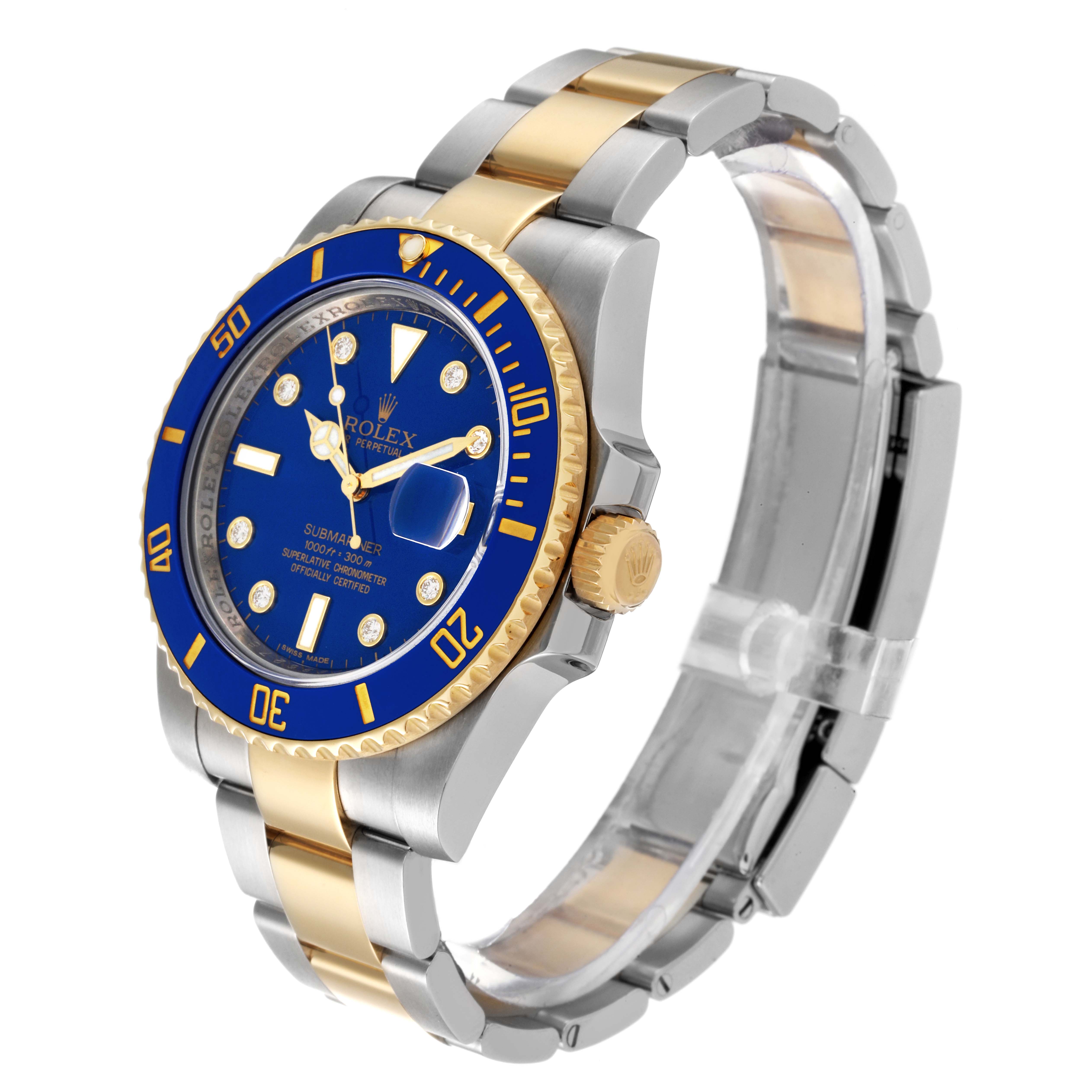 The image shows a side-angle view of a Rolex Submariner 116613 Men's Steel and Gold (two tone) Blue Dial 116613 Men's Steel and Gold (two tone) Blue Dial watch, highlighting the blue dial, gold accents, and metal bracelet.