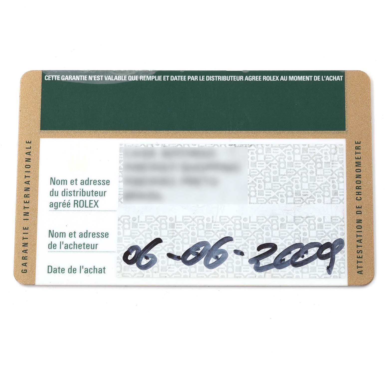 The image shows a warranty card for a Rolex Submariner 116613 Men's Steel and Gold (two tone) Blue Dial 116613 Men's Steel and Gold (two tone) Blue Dial, detailing the purchase date and distributor information.