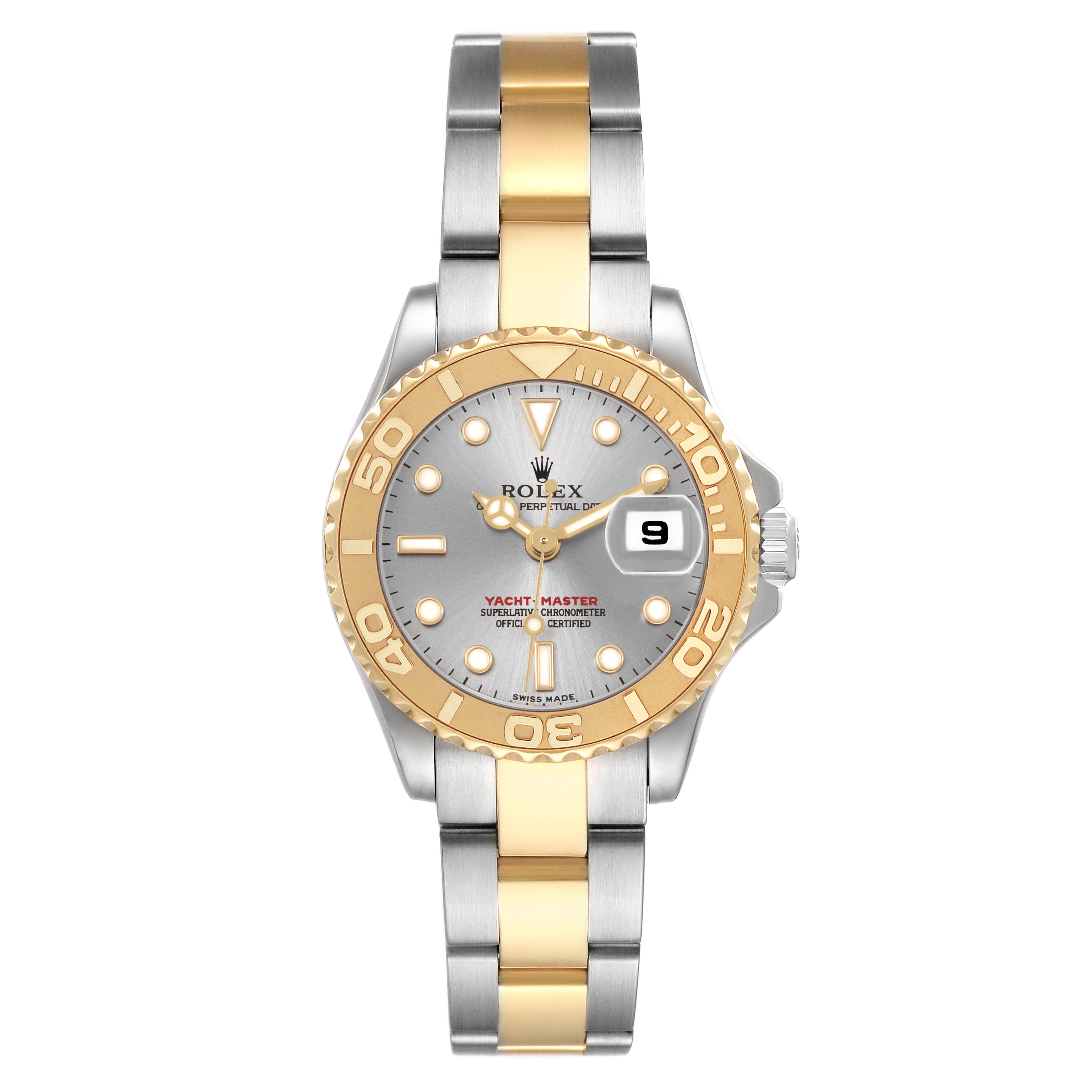 The Rolex Yacht-Master 169623 Women's Stainless Steel Grey Dial watch is shown from a front angle, displaying its bezel, face, hands, and bracelet clearly.