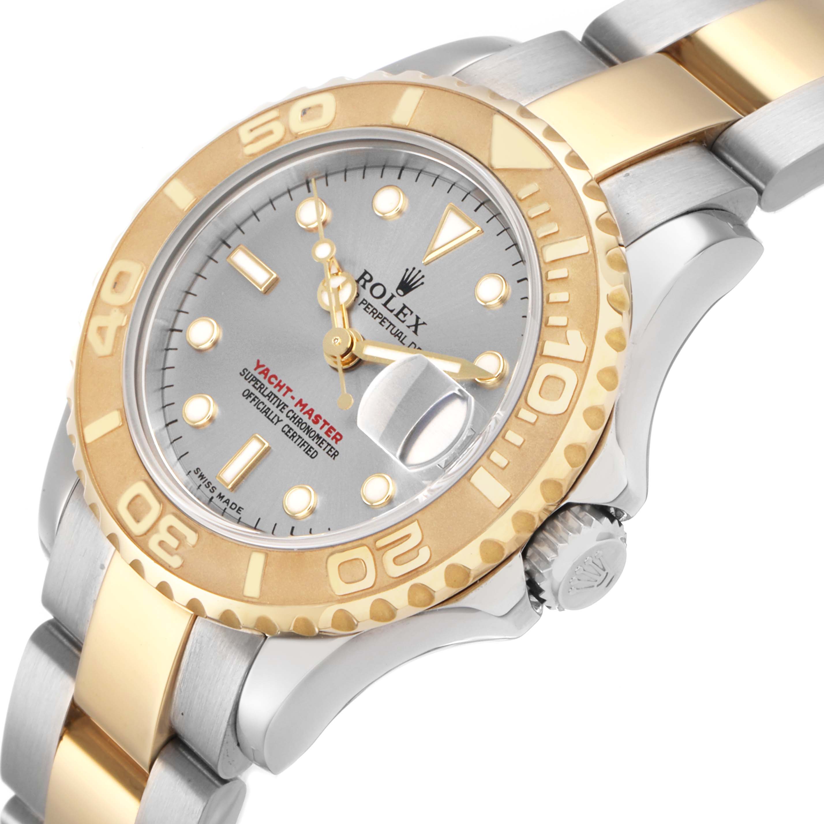 The Rolex Yacht-Master 169623 Women's Stainless Steel Grey Dial watch is shown at an angled view highlighting its bezel, dial, case, and bracelet.