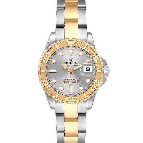 The Rolex Yacht-Master 169623 Women's Stainless Steel Grey Dial watch is shown from a front angle, displaying the bezel, dial, hands, date, and bracelet.