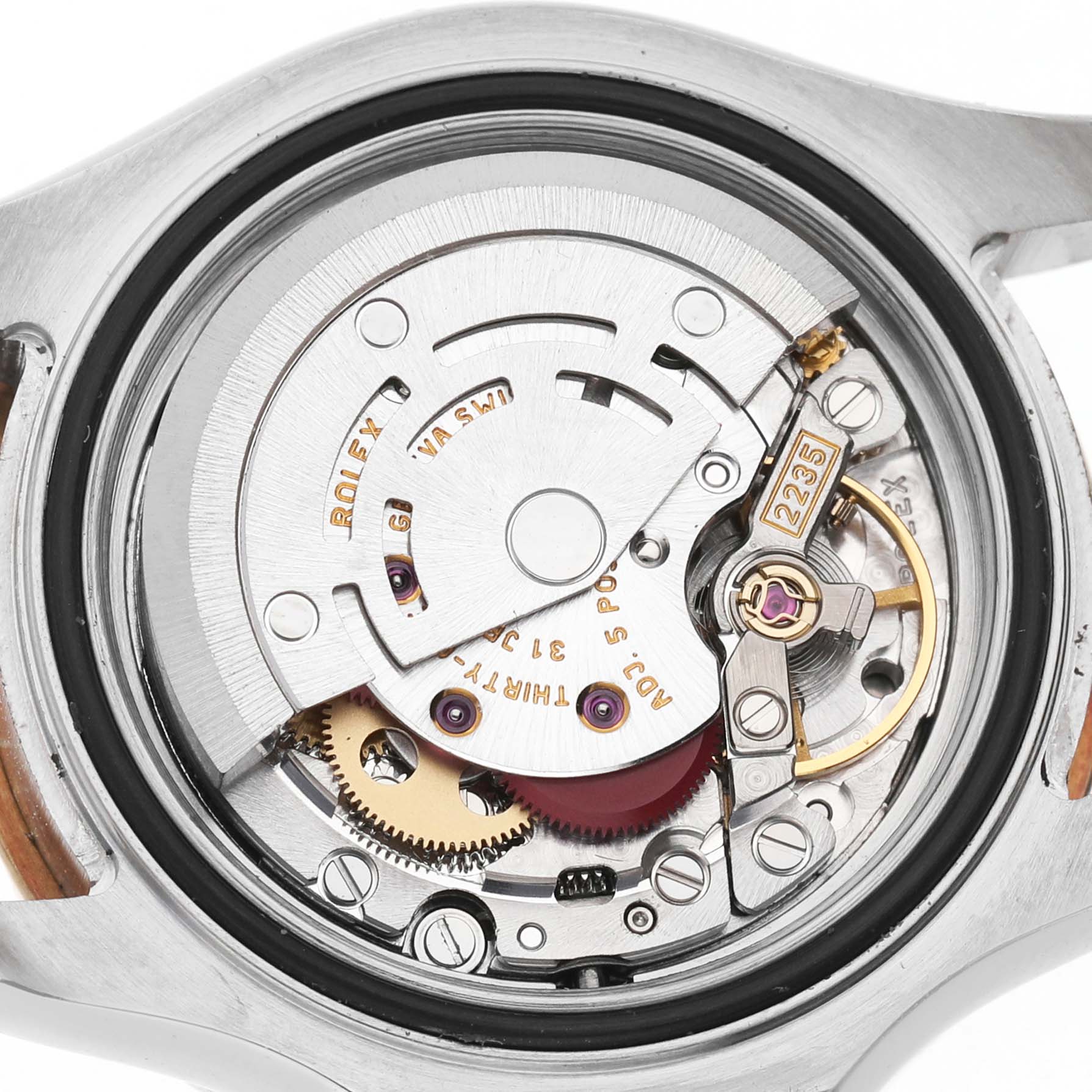 The image shows the movement of a Rolex Yacht-Master 169623 Women's Stainless Steel Grey Dial watch from the back, highlighting gears and components.