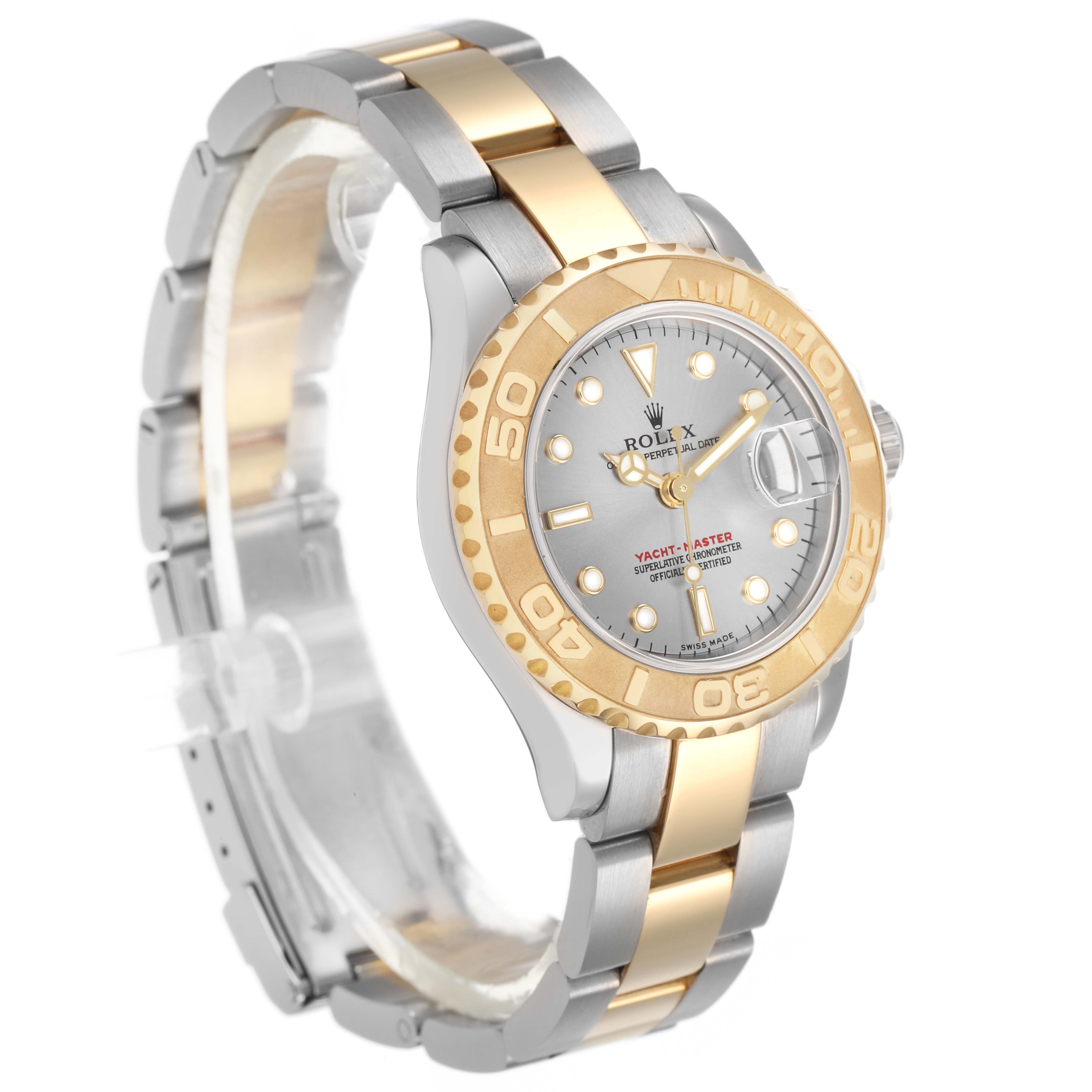 The Rolex Yacht-Master 169623 Women's Stainless Steel Grey Dial watch is shown at an angled side view, highlighting the bezel, dial, and bracelet.