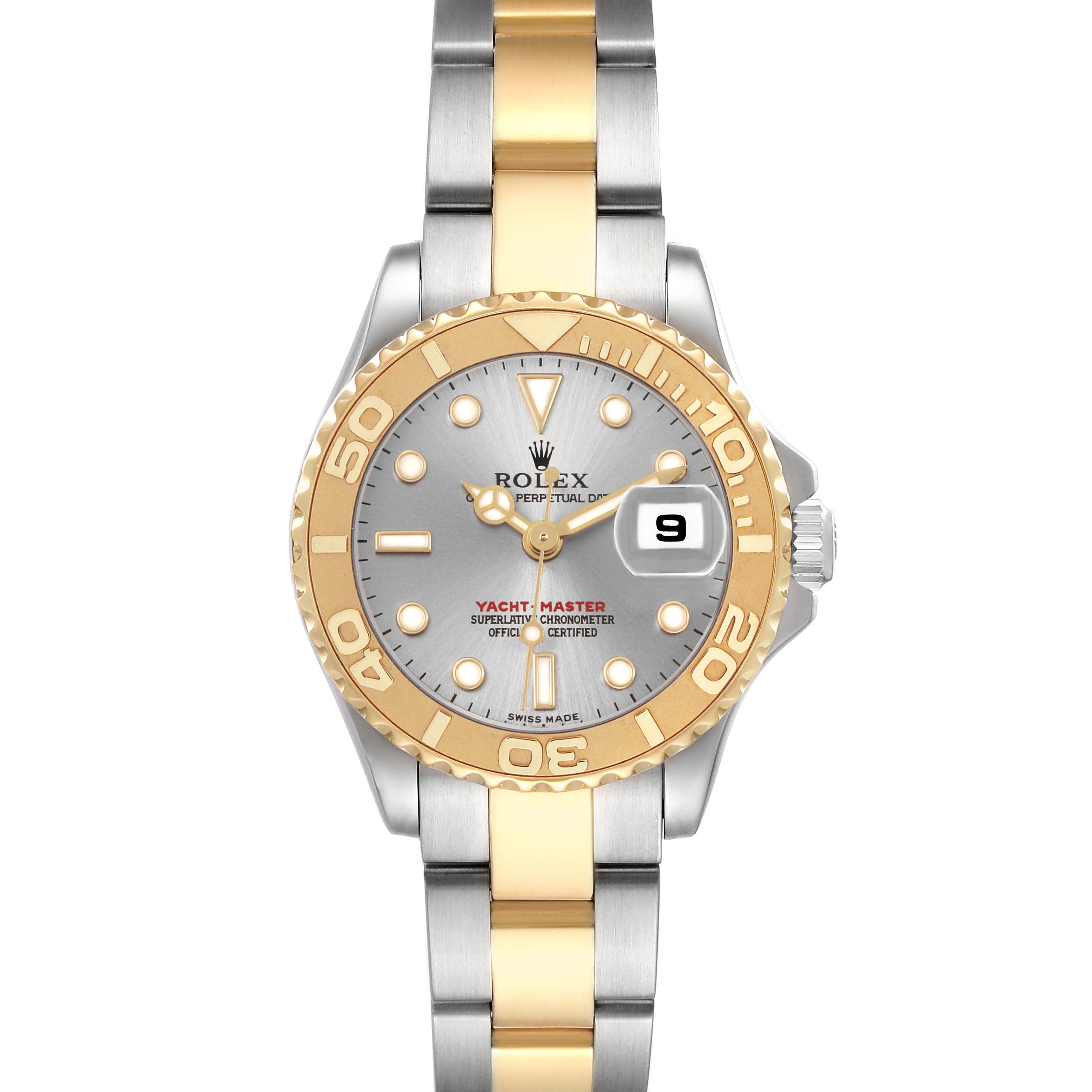 The Rolex Yacht-Master 169623 Women's Stainless Steel Grey Dial watch is shown from a front angle, highlighting the bezel, dial, hands, bracelet, and date display.