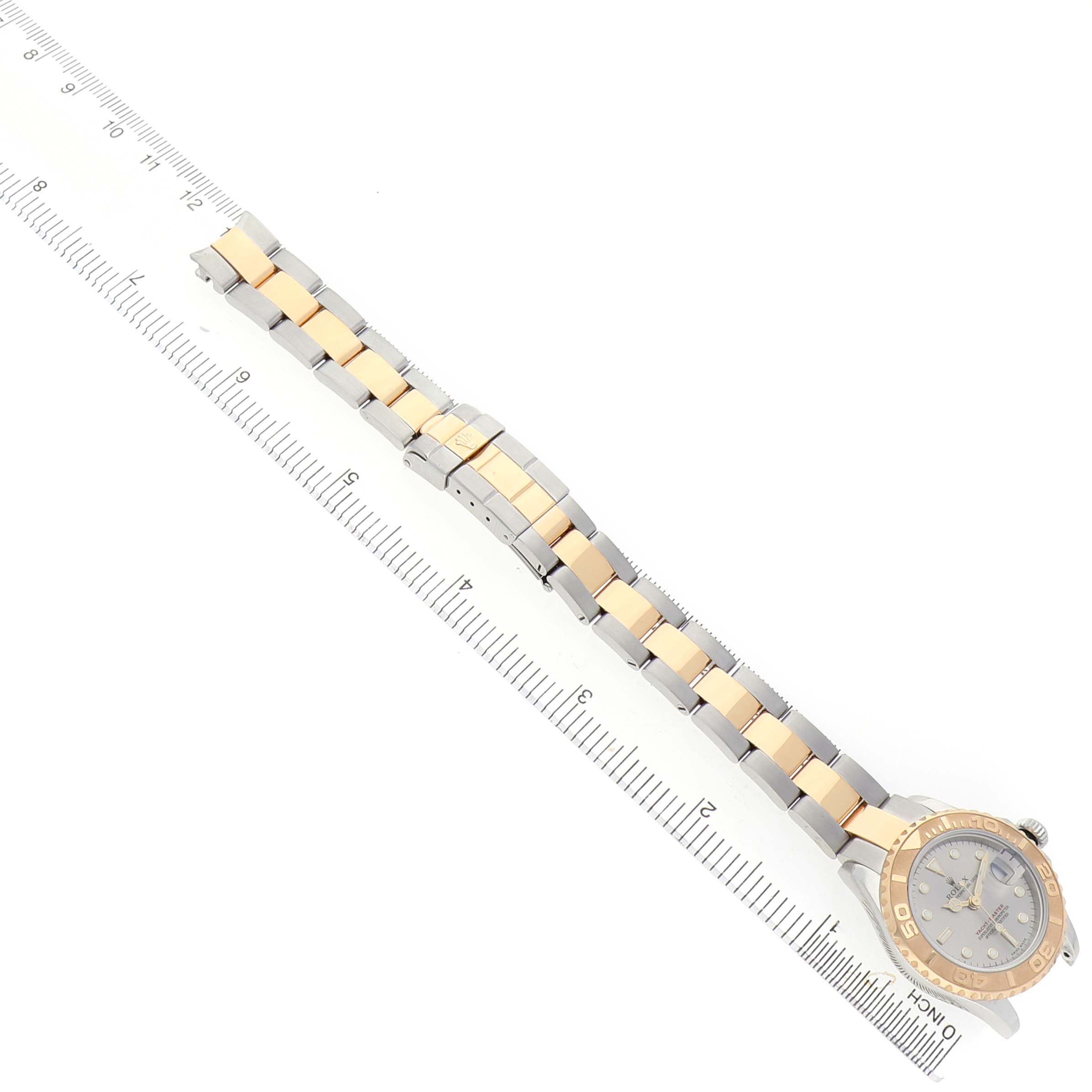 The Rolex Yacht-Master 169623 Women's Stainless Steel Grey Dial watch is shown from a top view, highlighting the bracelet and partial face.
