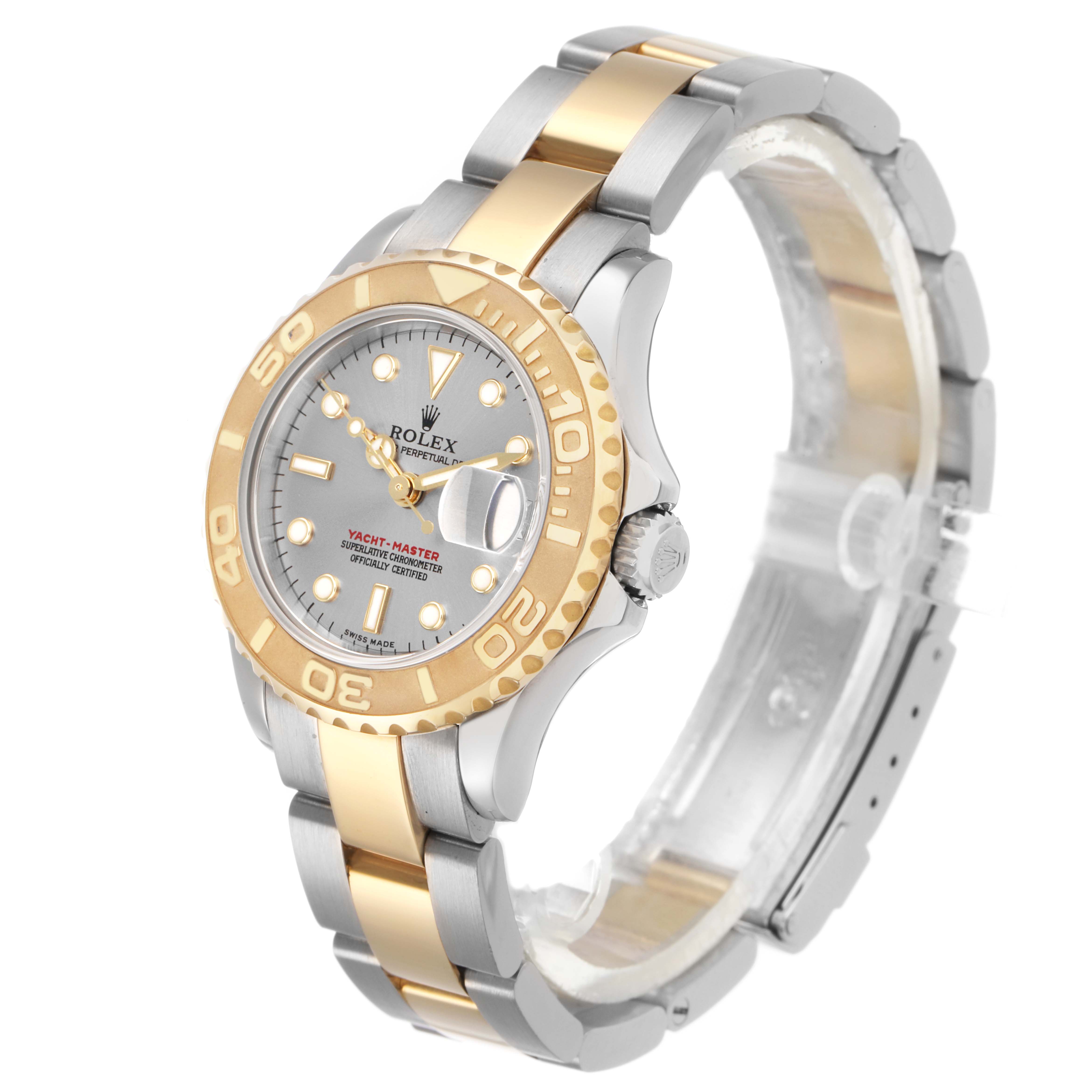 The Rolex Yacht-Master 169623 Women's Stainless Steel Grey Dial watch is shown at a dynamic angle, displaying its face, bezel, and two-tone bracelet.