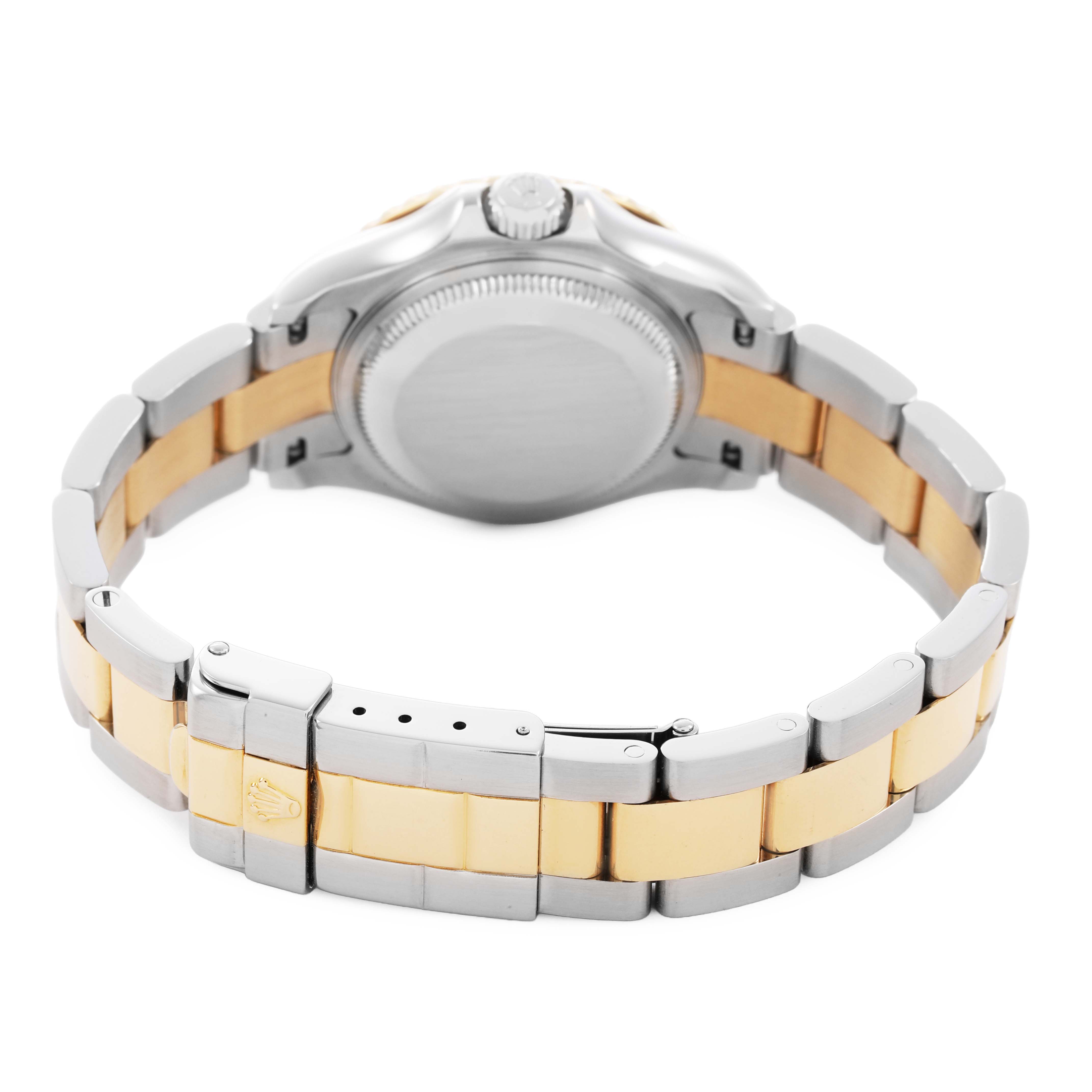 The image shows the Rolex Yacht-Master 169623 Women's Stainless Steel Grey Dial watch from the back, highlighting the bracelet and clasp.