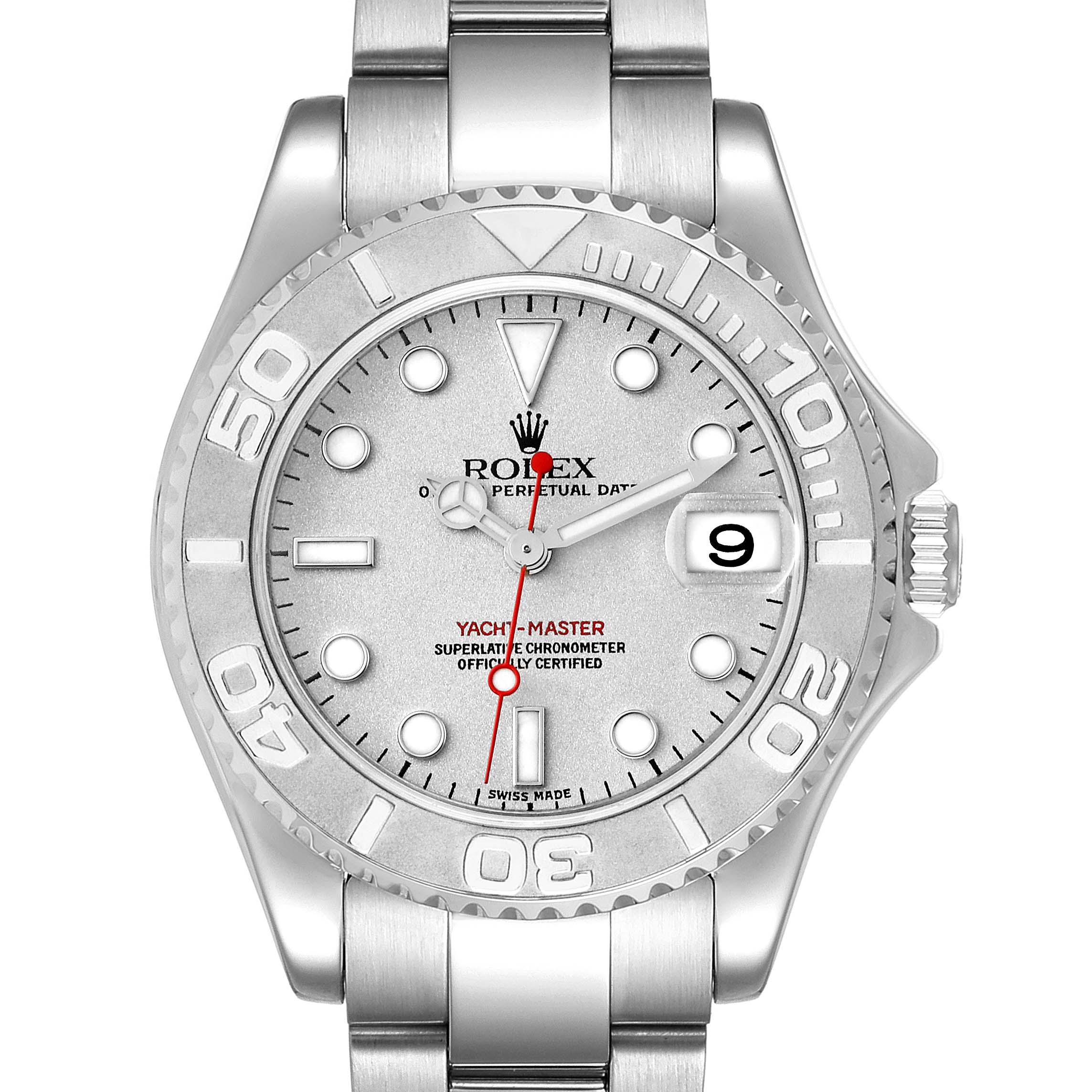 This image shows a front view of a Rolex Yacht-Master 168622 Men's Stainless Steel Silver Dial 168622 Men's Stainless Steel Silver Dial watch, highlighting its dial, bezel, and bracelet.