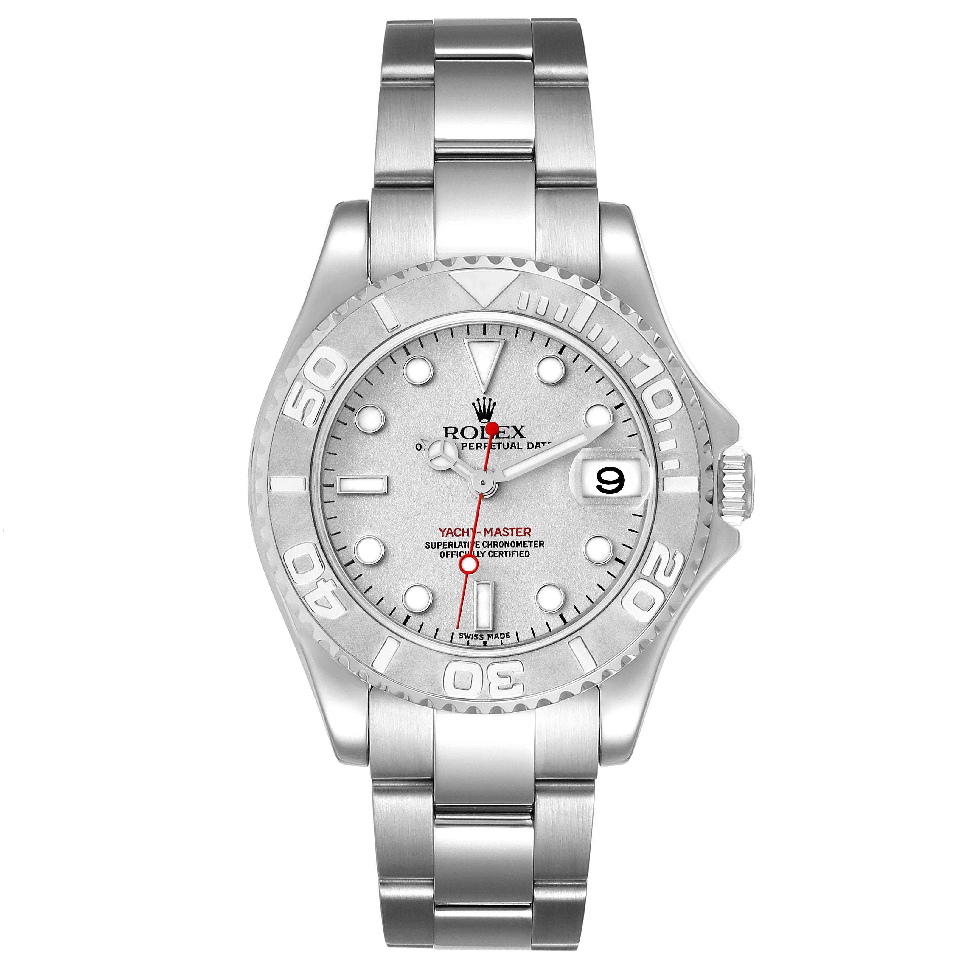 The image shows a frontal view of a Rolex Yacht-Master 168622 Men's Stainless Steel Silver Dial 168622 Men's Stainless Steel Silver Dial watch, highlighting its face, bezel, bracelet, and crown.