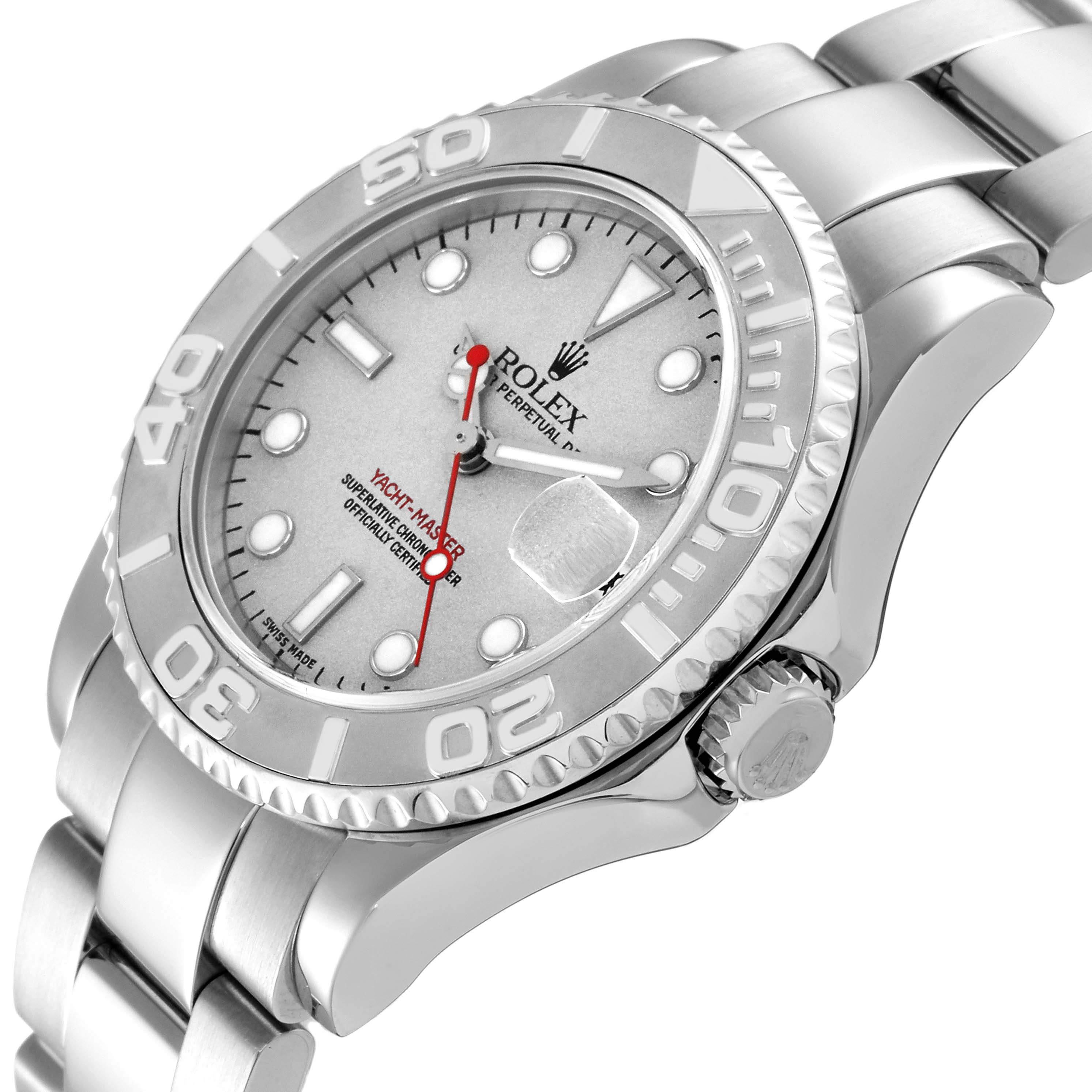This image shows a close-up angle of a Rolex Yacht-Master 168622 Men's Stainless Steel Silver Dial 168622 Men's Stainless Steel Silver Dial watch displaying its bezel, dial, crown, and bracelet.