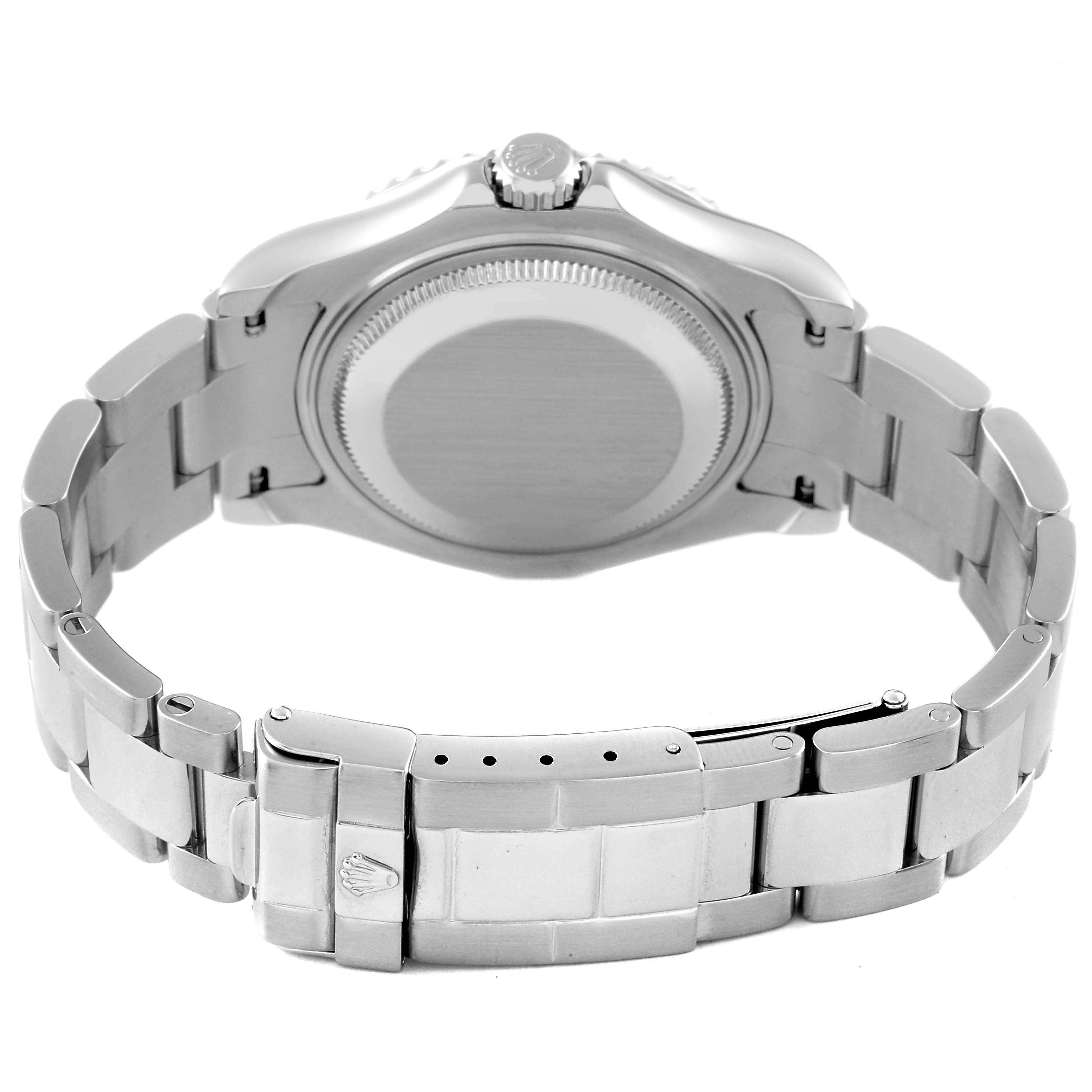 This image shows the back view of a Rolex Yacht-Master 168622 Men's Stainless Steel Silver Dial 168622 Men's Stainless Steel Silver Dial watch, displaying the bracelet, clasp, and case back.