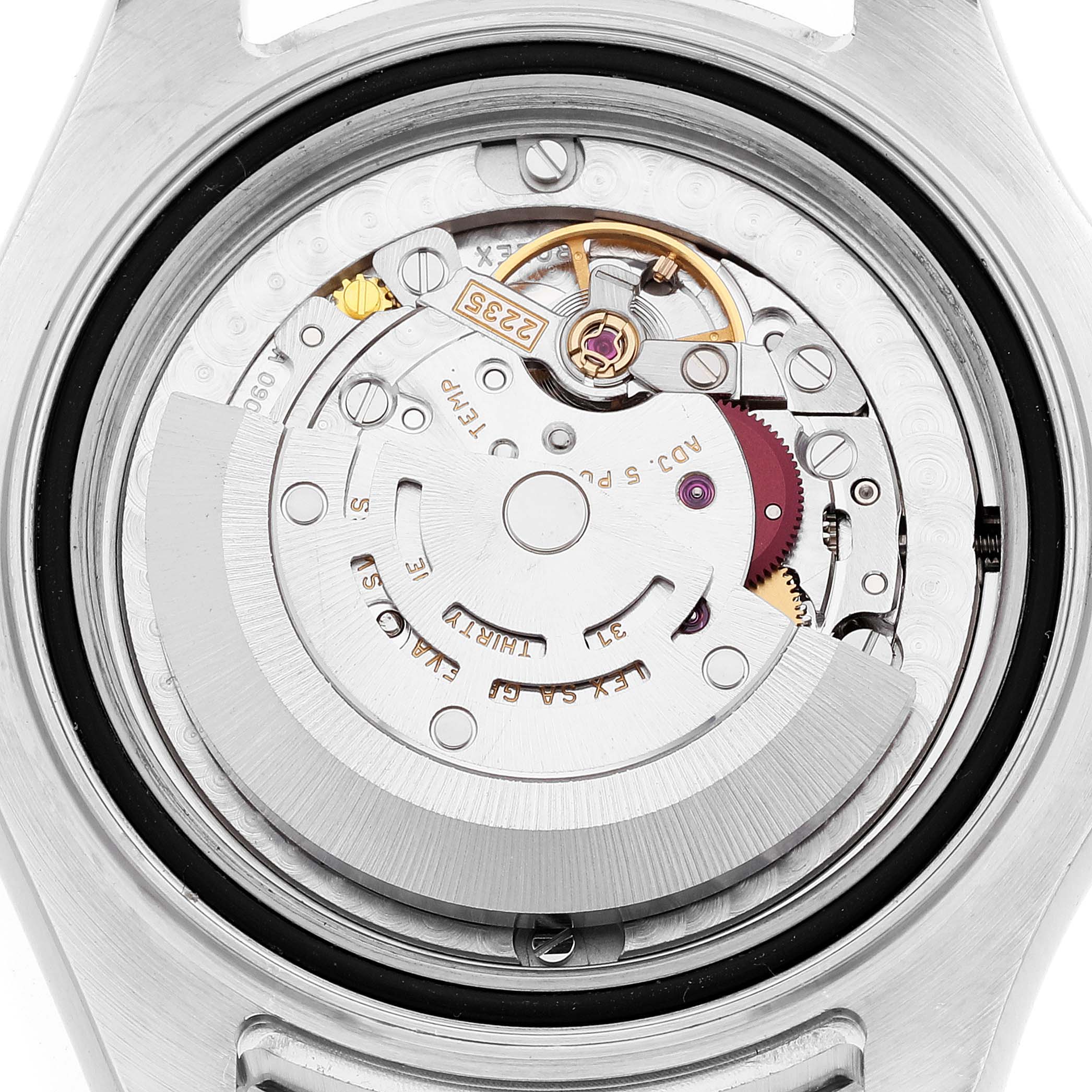 This image shows a close-up view of the open case back, highlighting the movement of the Rolex Yacht-Master 168622 Men's Stainless Steel Silver Dial 168622 Men's Stainless Steel Silver Dial watch.