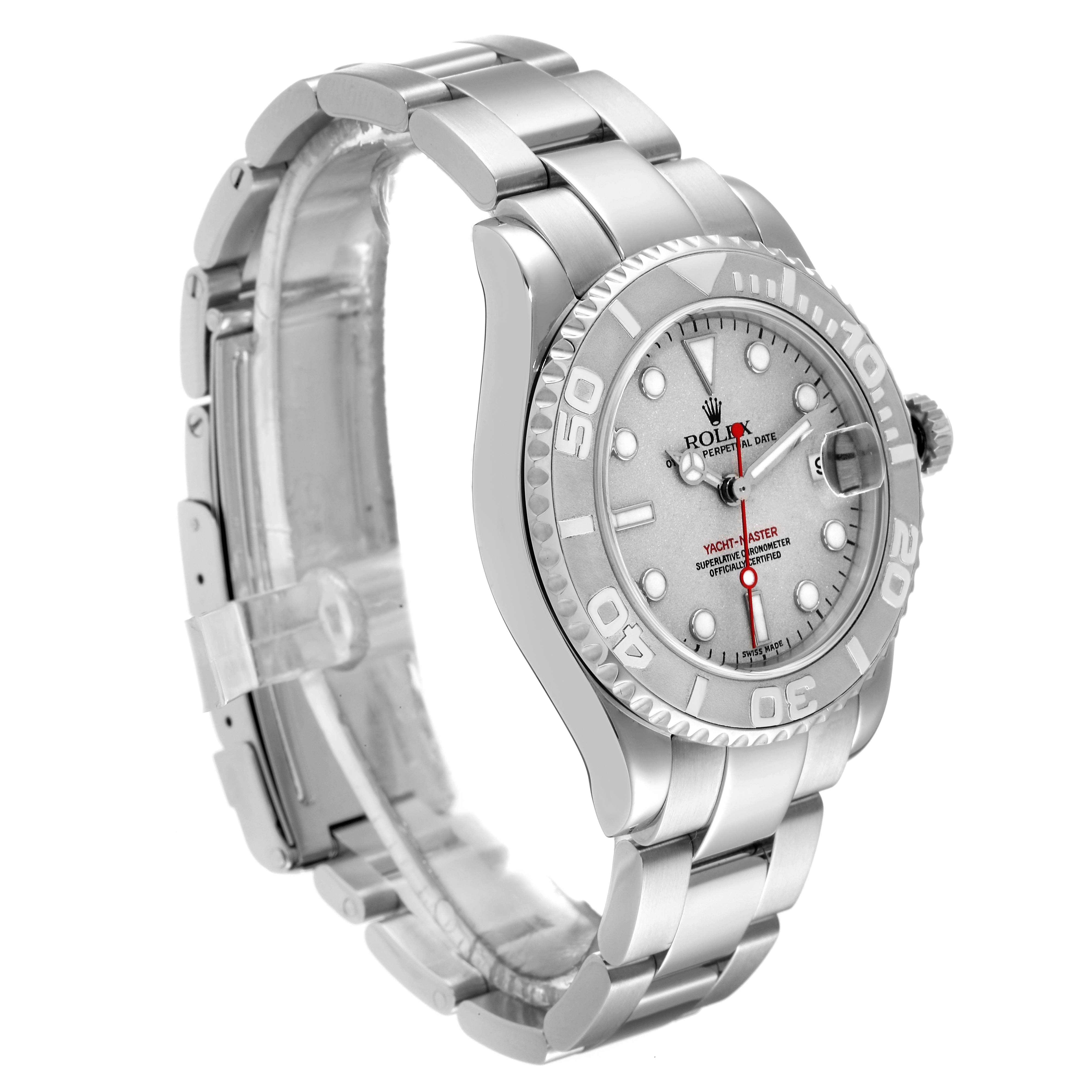 The Rolex Yacht-Master 168622 Men's Stainless Steel Silver Dial 168622 Men's Stainless Steel Silver Dial watch is shown at a side angle, displaying the bracelet, bezel, dial, and crown.