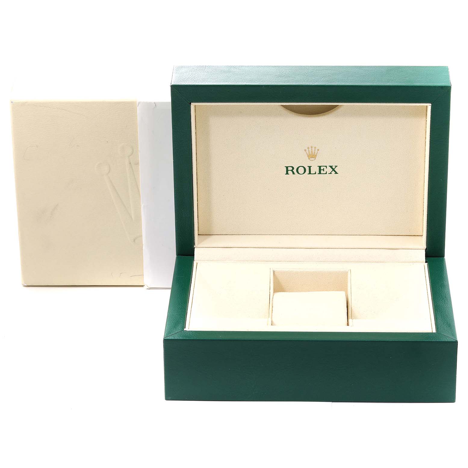 This image shows an open Rolex Yacht-Master 168622 Men's Stainless Steel Silver Dial 168622 Men's Stainless Steel Silver Dial watch box with a green exterior and a beige interior with the Rolex logo.