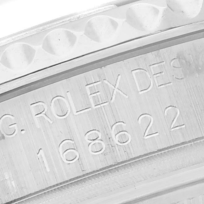 This image shows a close-up of the inner case engravings on a Rolex Yacht-Master 168622 Men's Stainless Steel Silver Dial 168622 Men's Stainless Steel Silver Dial watch, including model number 168622.