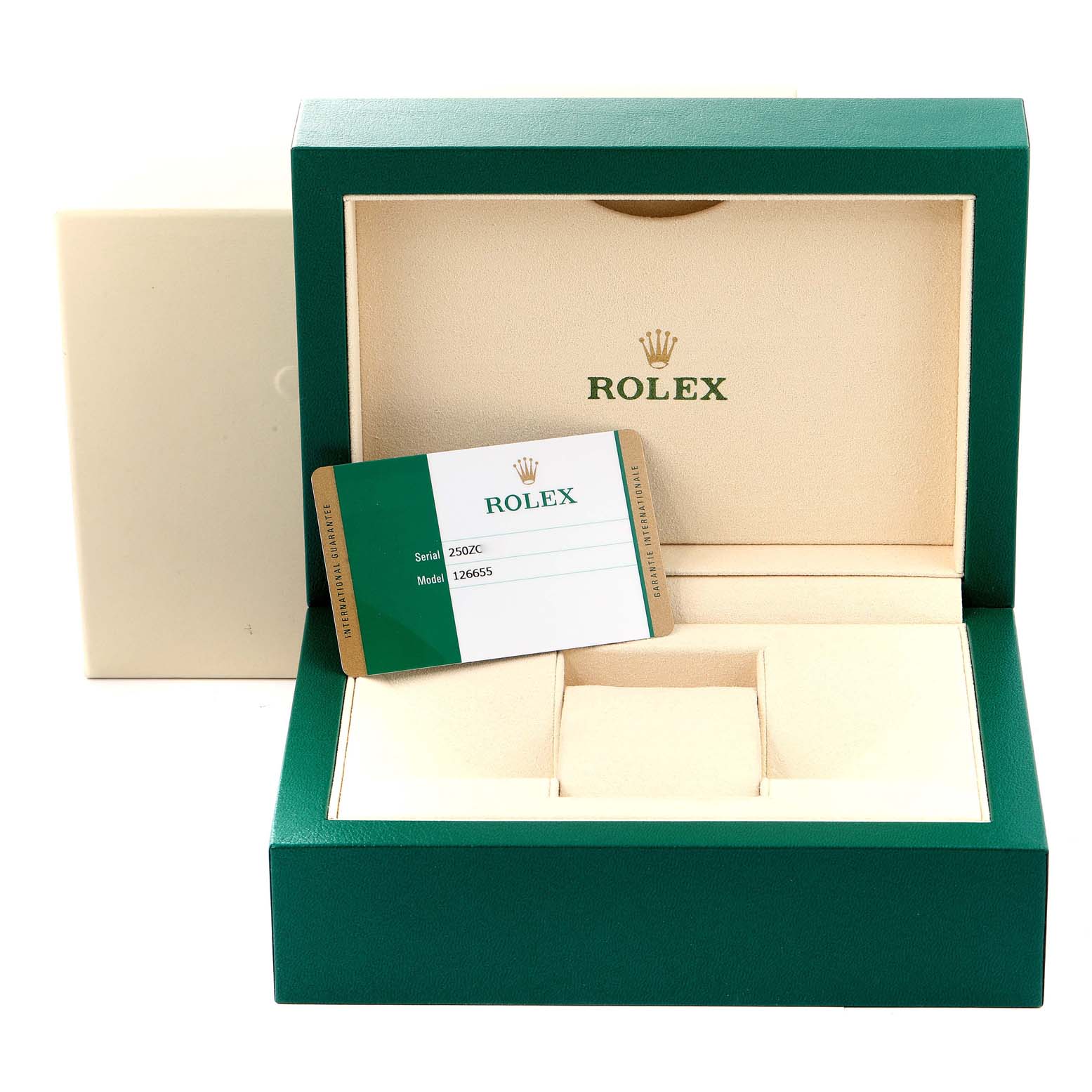 The image shows an open green Rolex box with a card, intended for the Rolex Yacht-Master 126655 Men's Rose Gold Black Dial 126655 Men's Rose Gold Black Dial model.