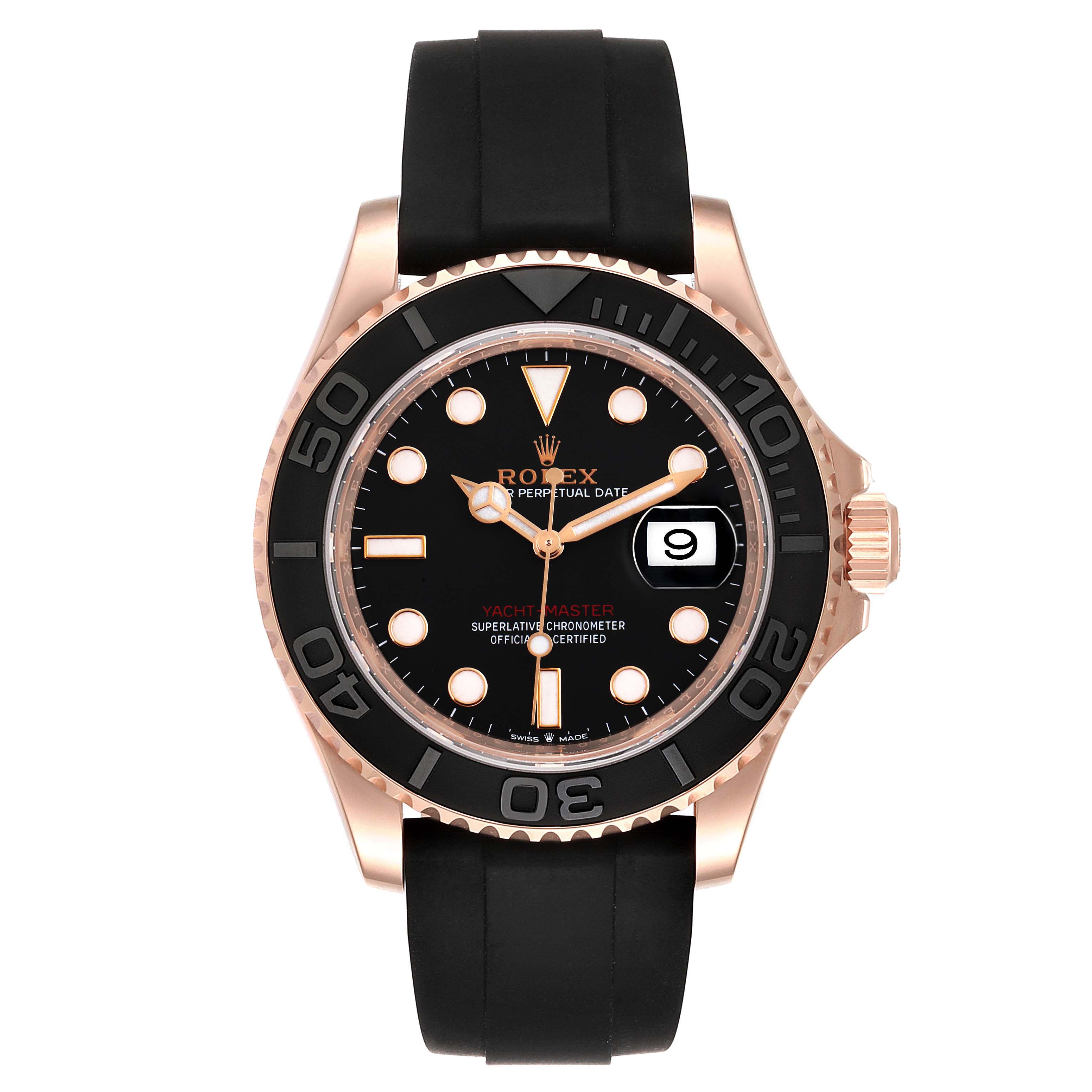 The image shows a front view of a Rolex Yacht-Master 126655 Men's Rose Gold Black Dial 126655 Men's Rose Gold Black Dial watch, displaying the dial, bezel, crown, and black rubber strap.